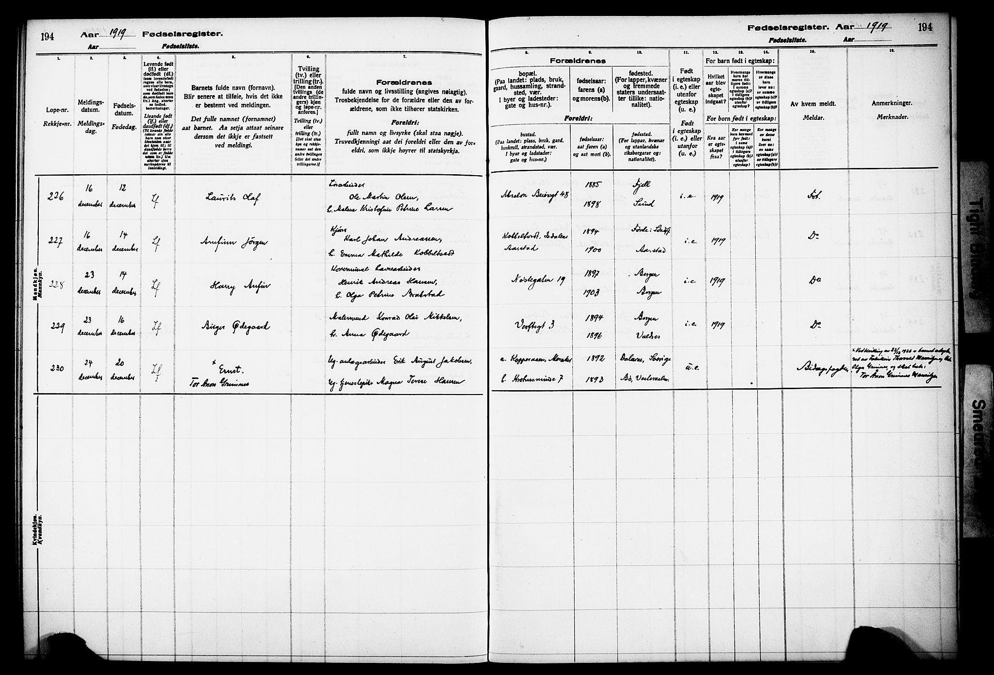 Kvinneklinikken, AV/SAB-A-76301/F/L0A01: Fødselsregister nr. A 1, 1916-1920, s. 194