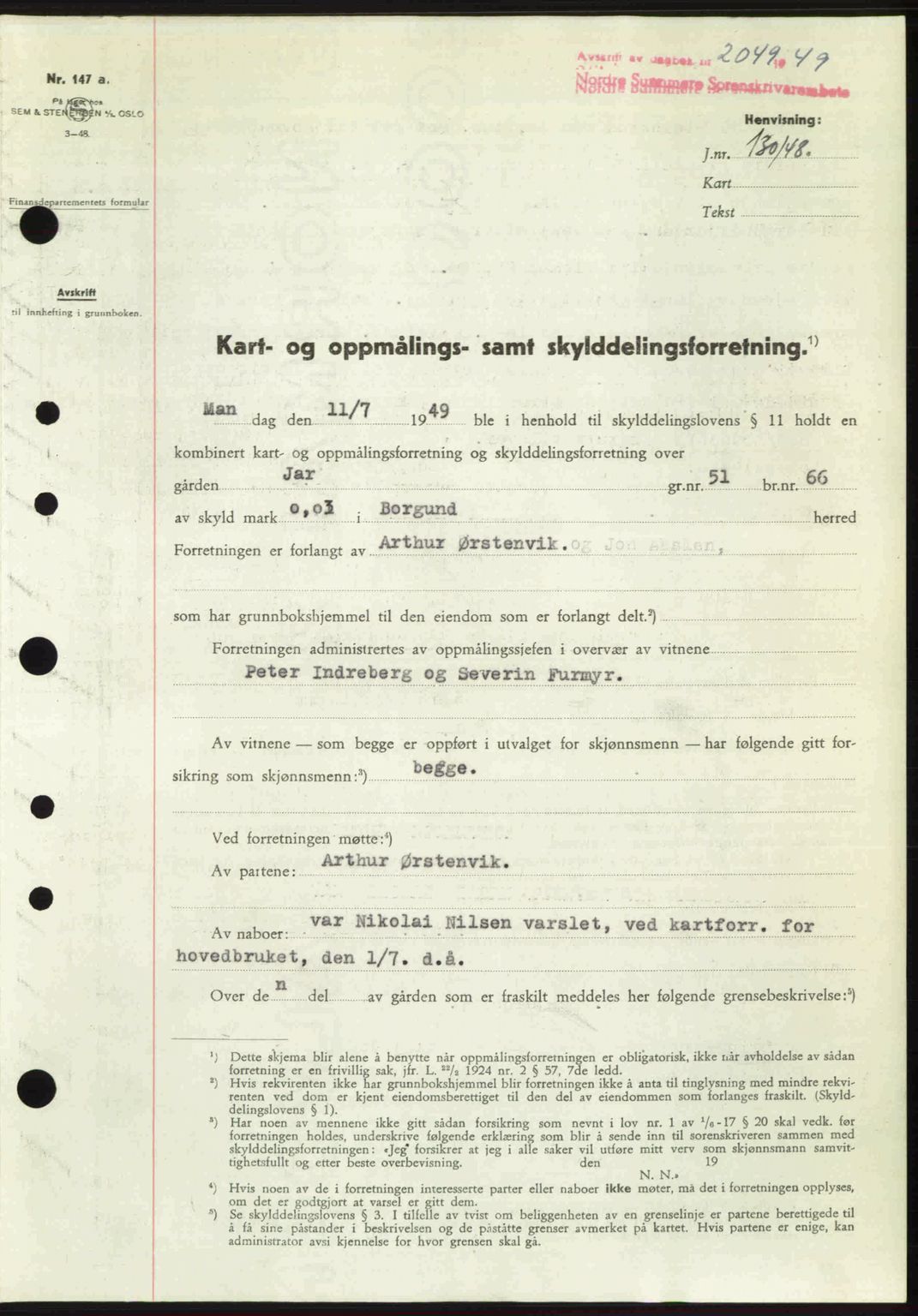Nordre Sunnmøre sorenskriveri, SAT/A-0006/1/2/2C/2Ca: Pantebok nr. A32, 1949-1949, Dagboknr: 2049/1949