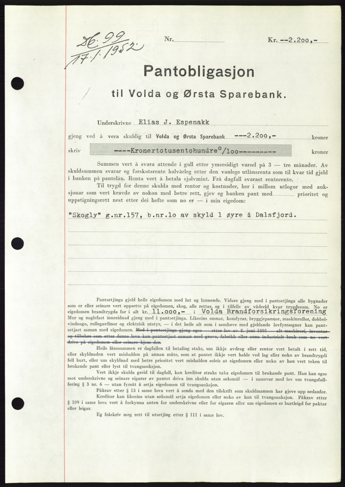 Søre Sunnmøre sorenskriveri, AV/SAT-A-4122/1/2/2C/L0121: Pantebok nr. 9B, 1951-1952, Dagboknr: 99/1952