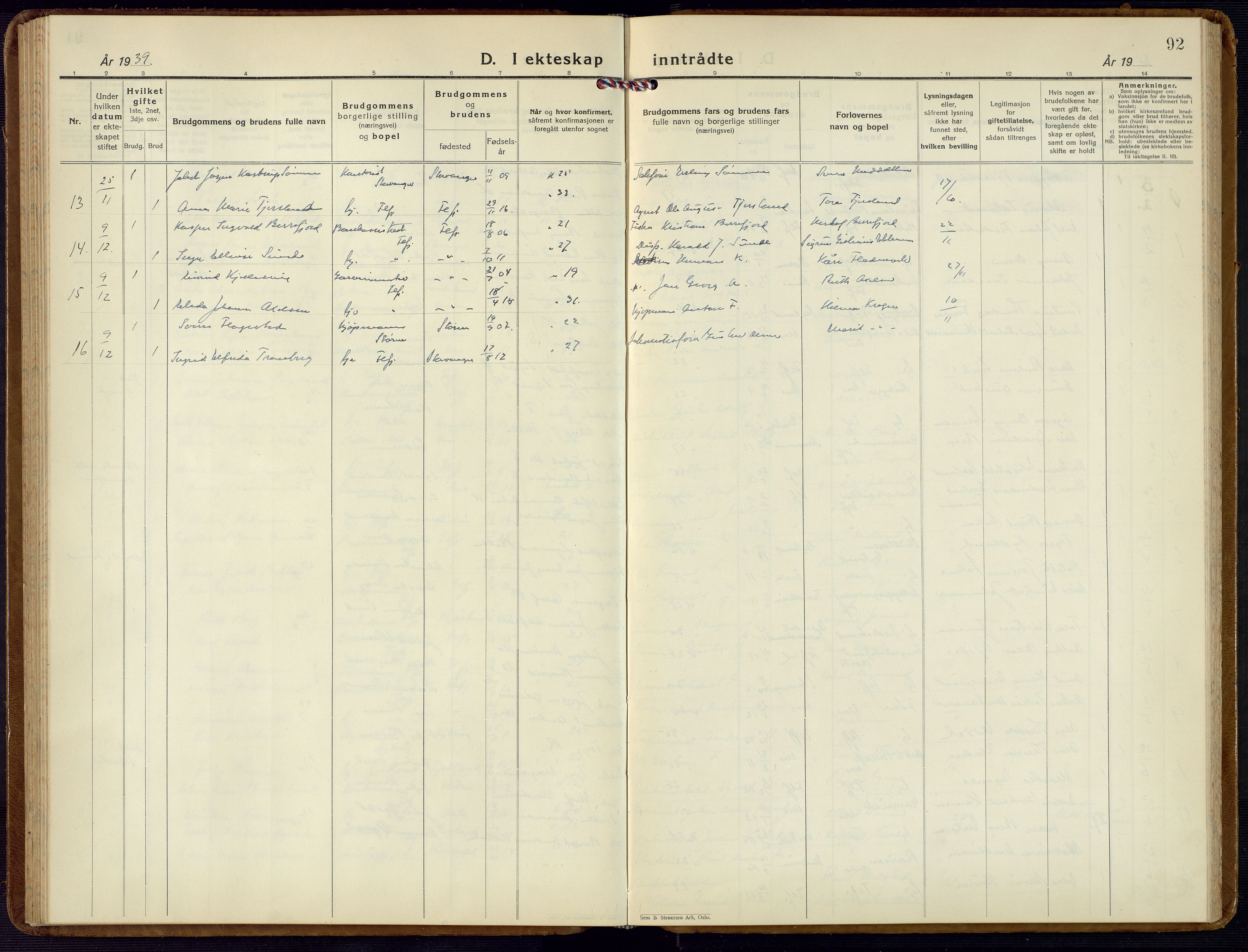 Flekkefjord sokneprestkontor, AV/SAK-1111-0012/F/Fb/Fba/L0003: Klokkerbok nr. B 3, 1932-1969, s. 92