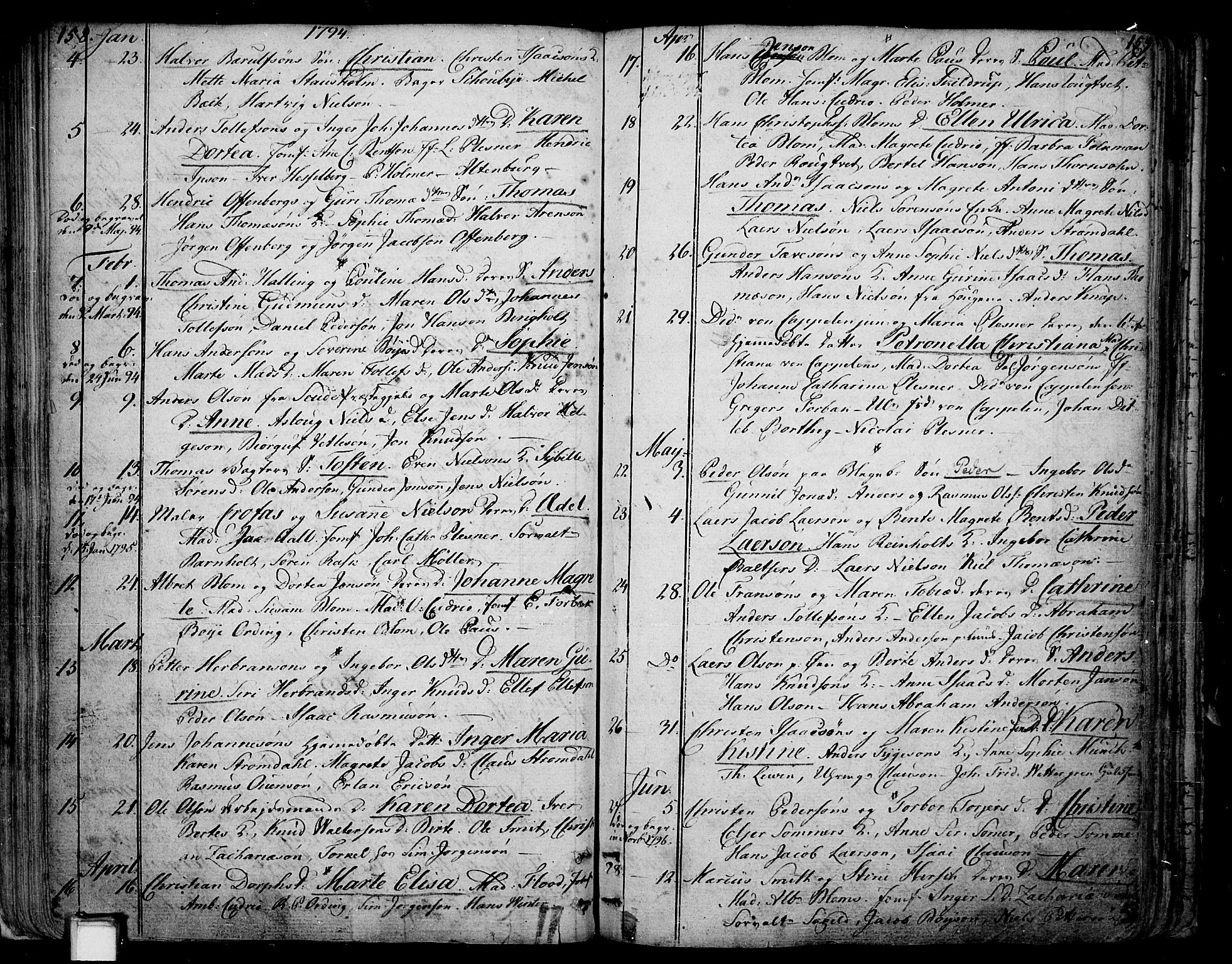 Skien kirkebøker, AV/SAKO-A-302/F/Fa/L0004: Ministerialbok nr. 4, 1792-1814, s. 158-159