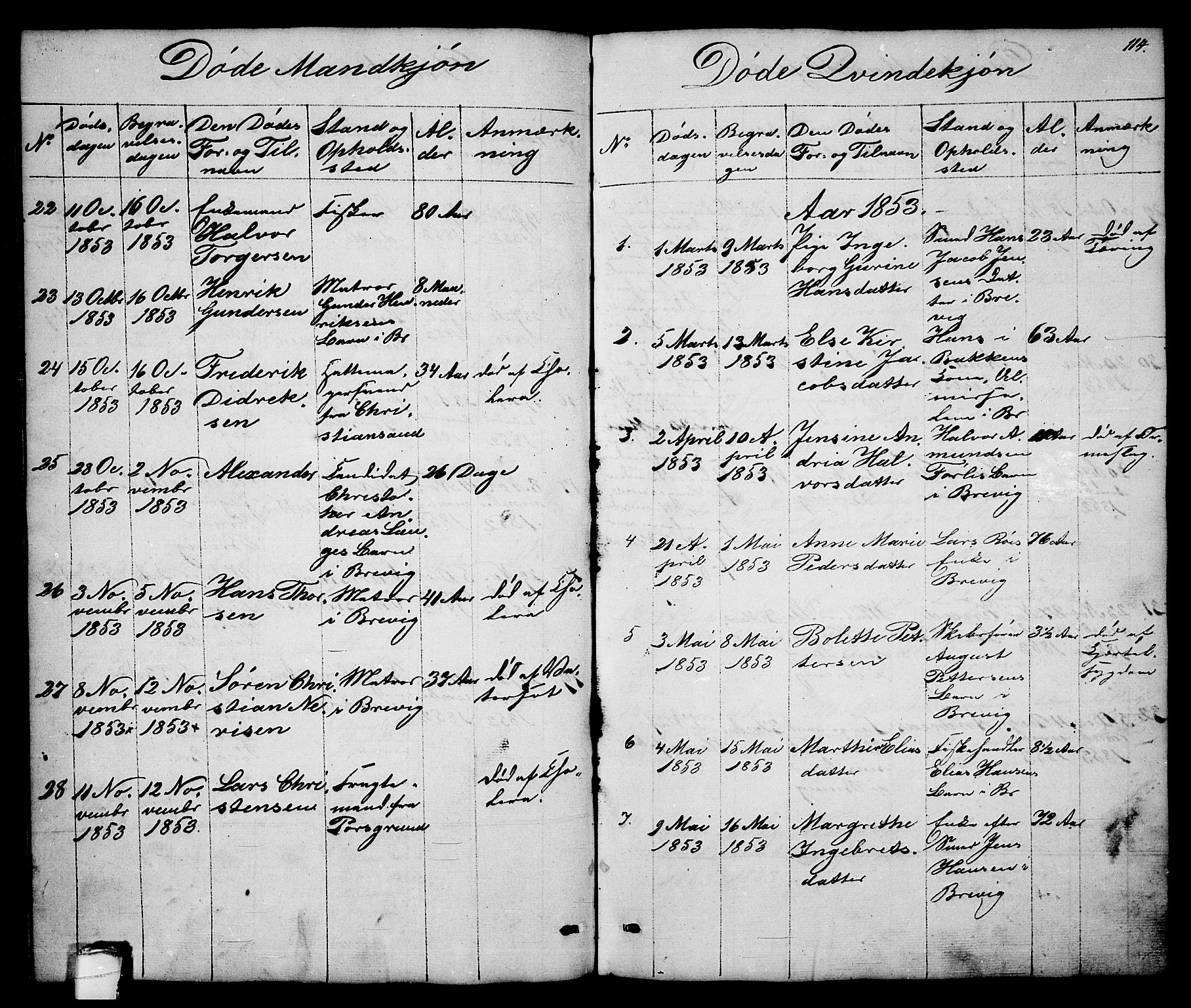 Brevik kirkebøker, AV/SAKO-A-255/G/Ga/L0002: Klokkerbok nr. 2, 1846-1865, s. 114
