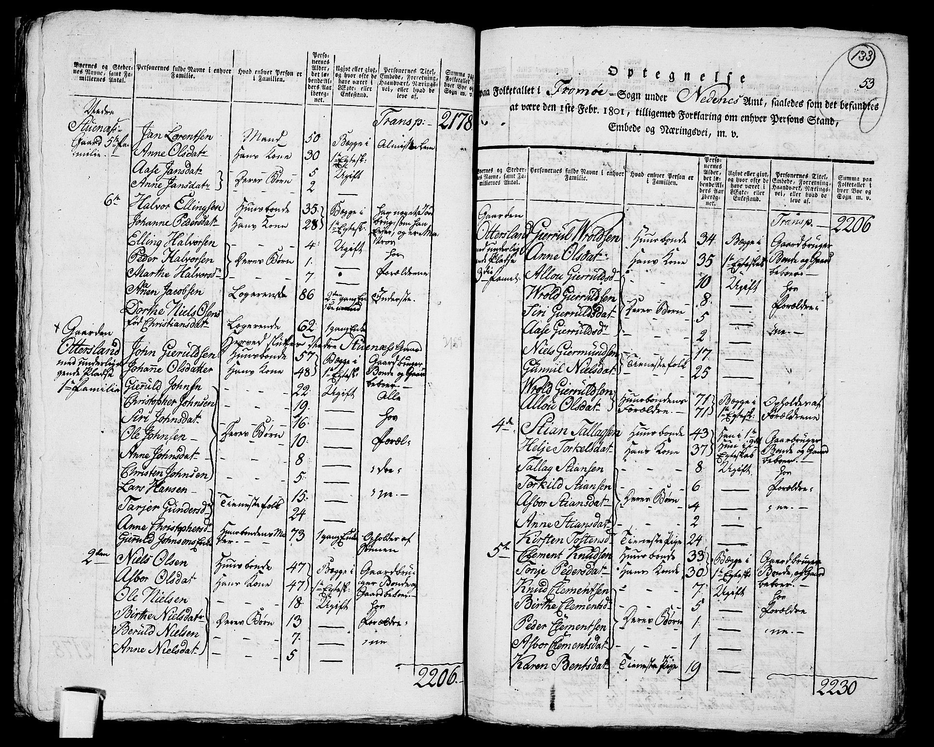 RA, Folketelling 1801 for 0918P Austre Moland prestegjeld, 1801, s. 132b-133a