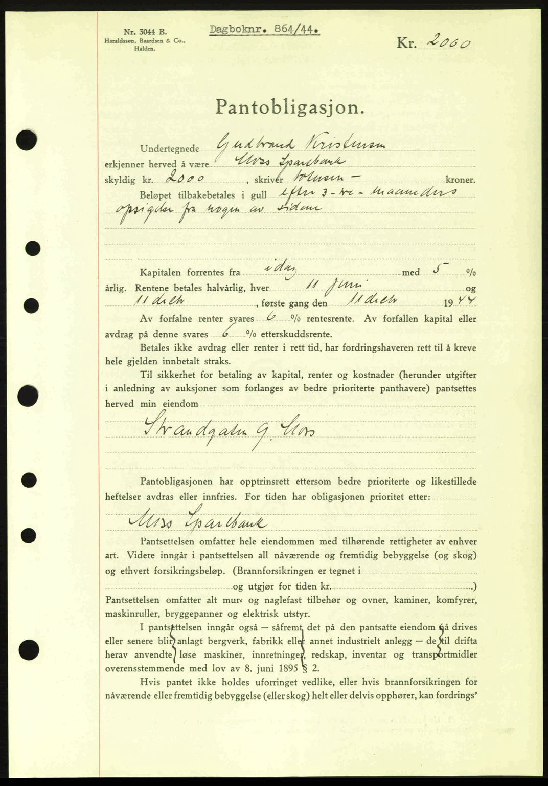 Moss sorenskriveri, SAO/A-10168: Pantebok nr. B13, 1943-1945, Dagboknr: 864/1944
