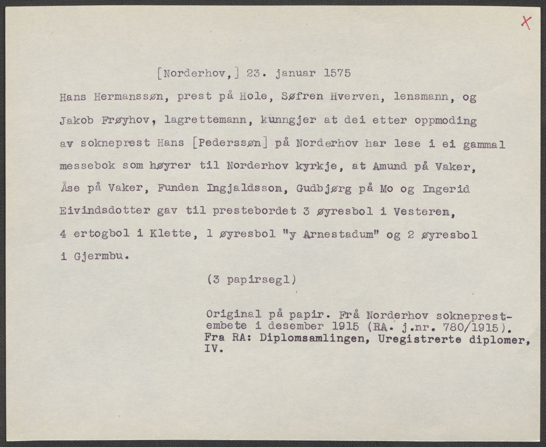 Riksarkivets diplomsamling, RA/EA-5965/F15/L0015: Prestearkiv - Oppland og Buskerud, 1573-1792, s. 32