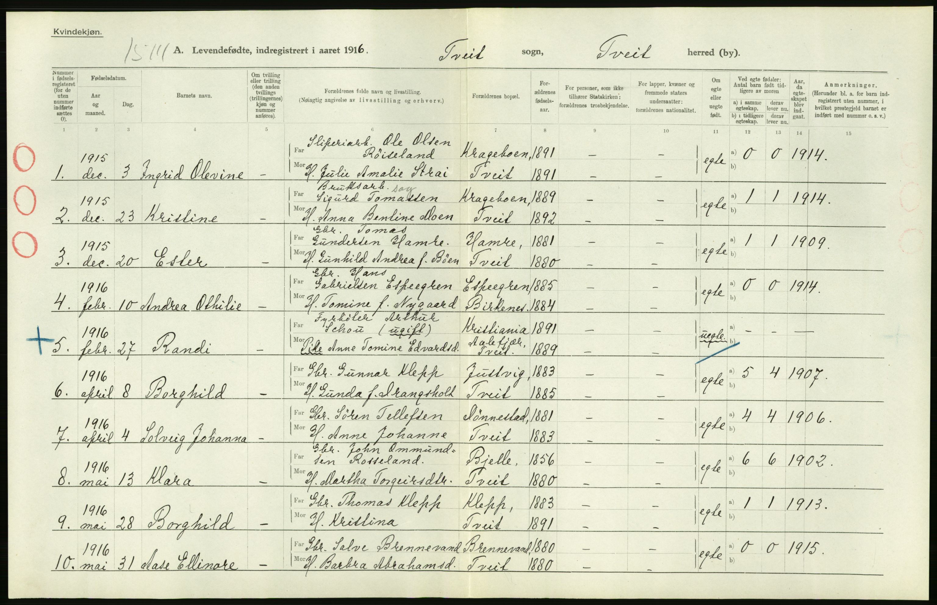 Statistisk sentralbyrå, Sosiodemografiske emner, Befolkning, RA/S-2228/D/Df/Dfb/Dfbf/L0027: Lister og Mandals amt: Levendefødte menn og kvinner. Bygder og byer., 1916, s. 342