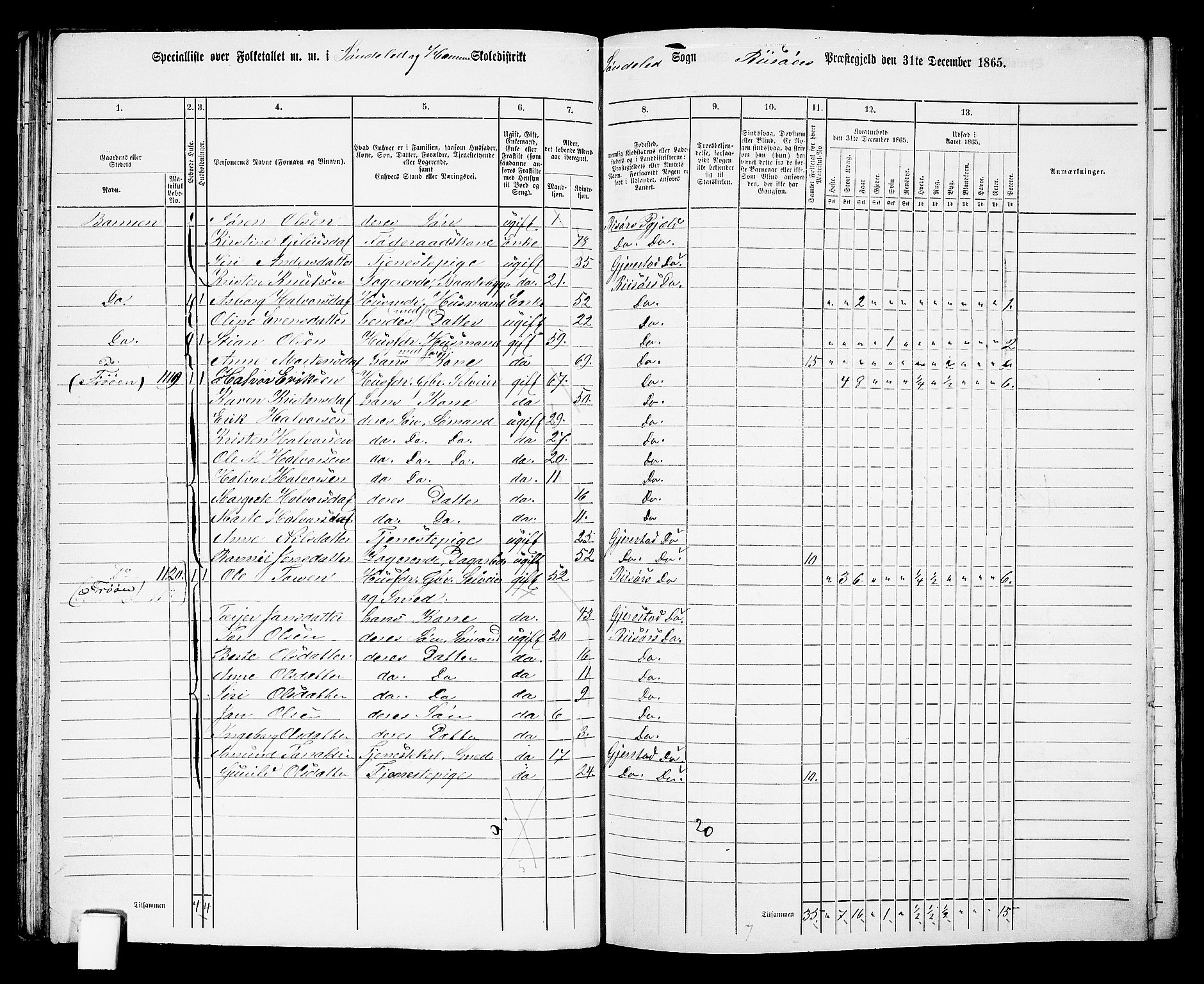 RA, Folketelling 1865 for 0913L Risør prestegjeld, Søndeled sokn, 1865, s. 62