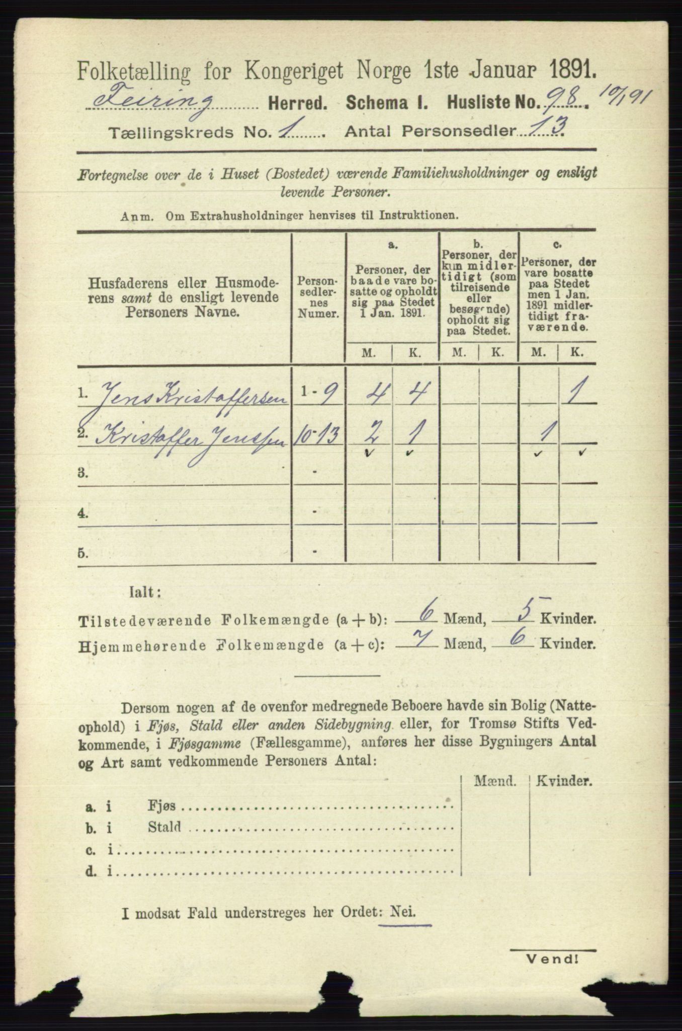 RA, Folketelling 1891 for 0240 Feiring herred, 1891, s. 109