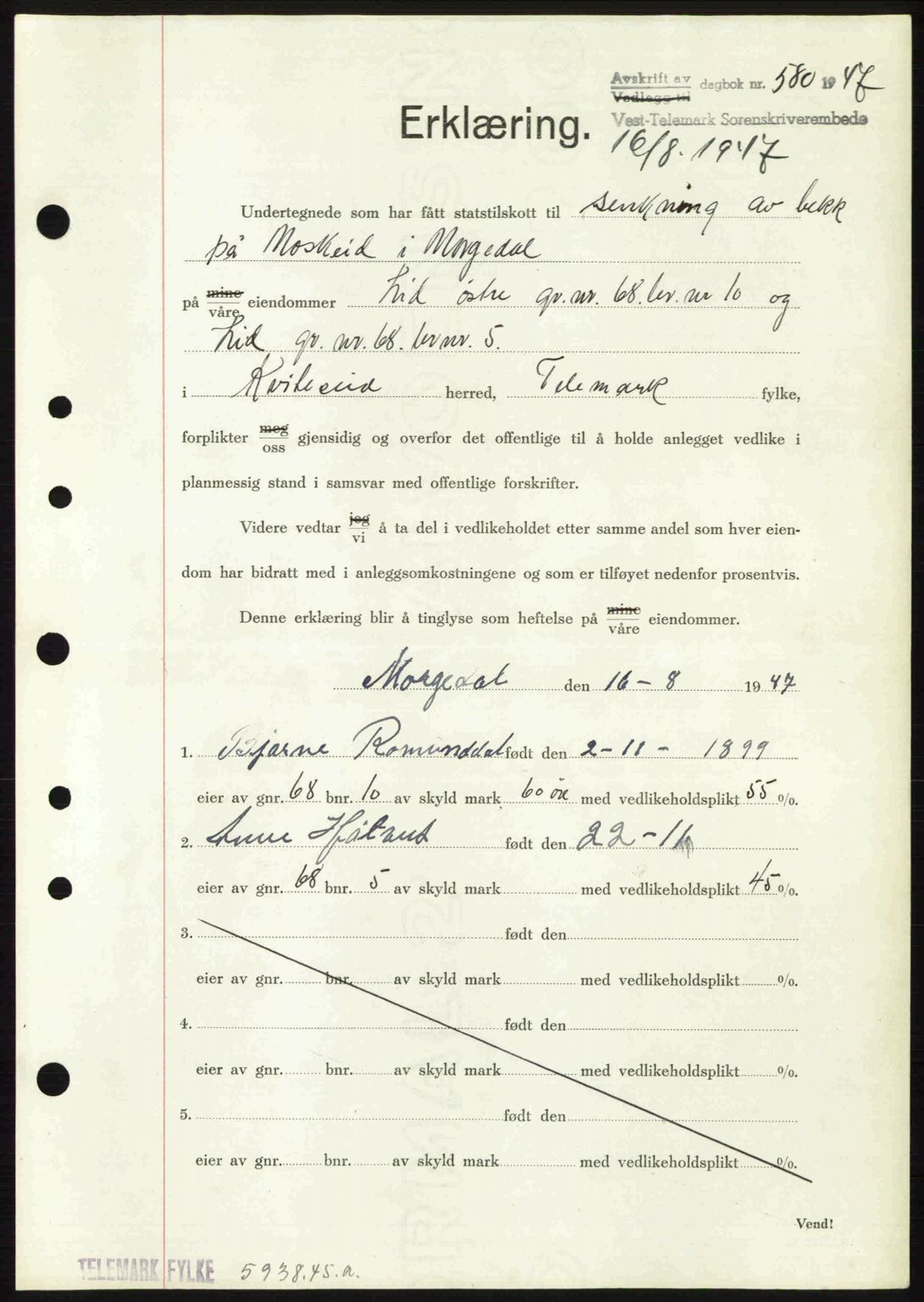 Vest-Telemark sorenskriveri, SAKO/A-134/G/Ga/Gac/L0008: Pantebok nr. A-8, 1947-1948, Dagboknr: 580/1947