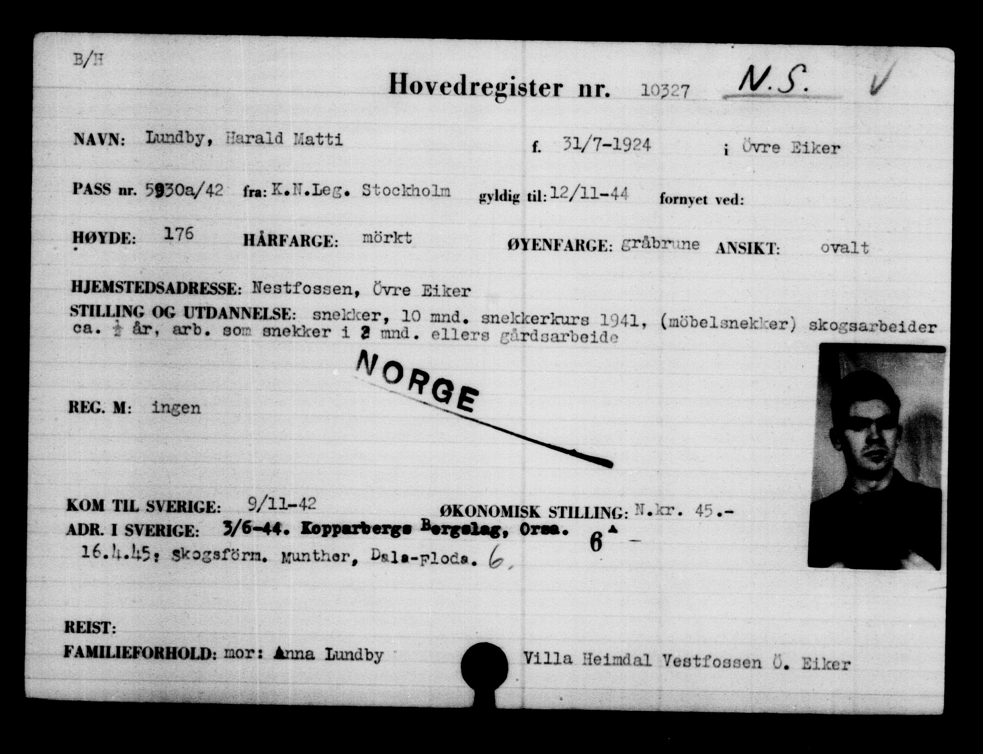 Utenriksstasjonene, Legasjonen i Stockholm, Flyktningkontoret, AV/RA-S-6753/V/Va/L0006: Kjesäterkartoteket, flyktninger med registreringsnr. 9400-12711, 1940-1945, s. 1064