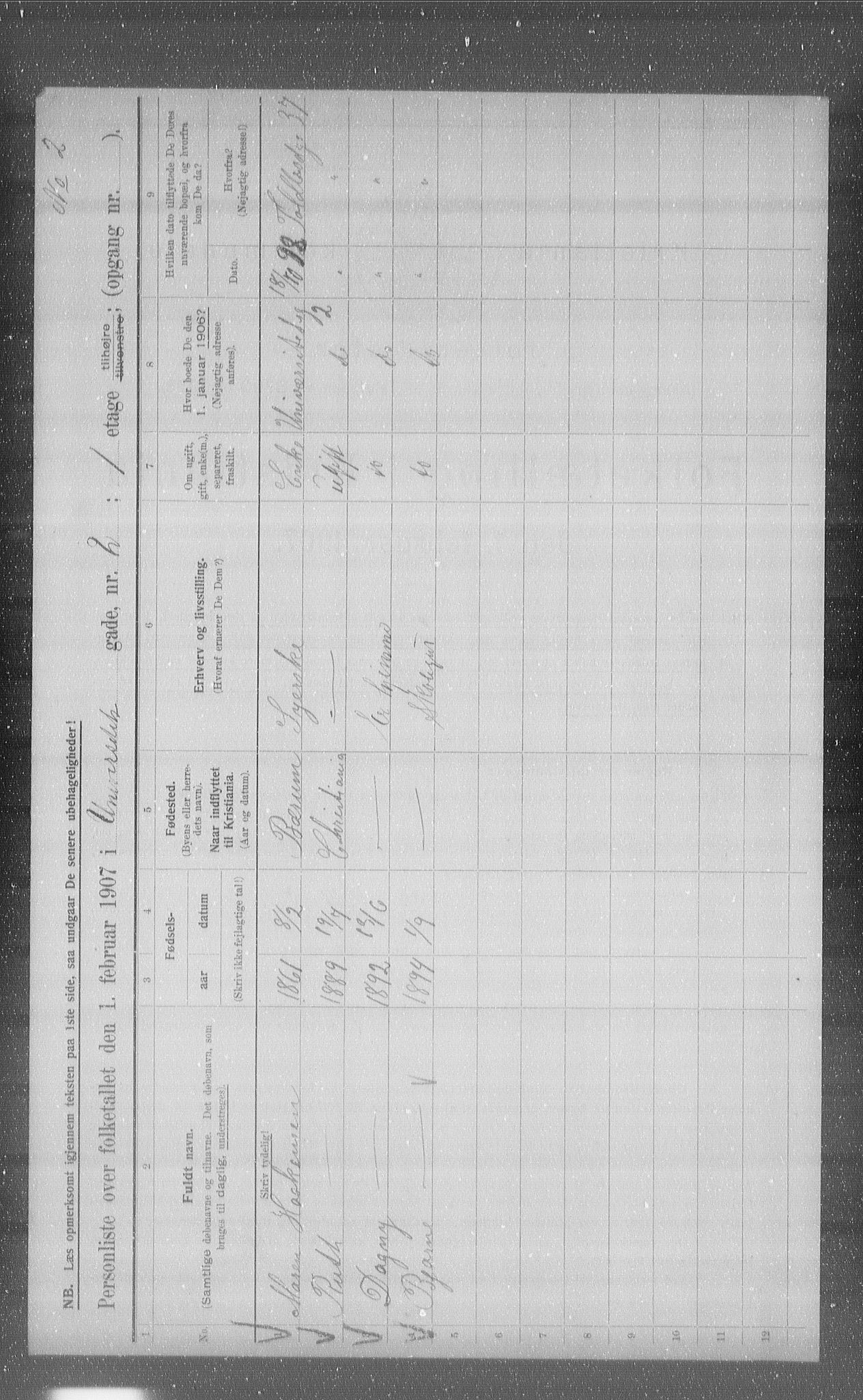 OBA, Kommunal folketelling 1.2.1907 for Kristiania kjøpstad, 1907, s. 61009