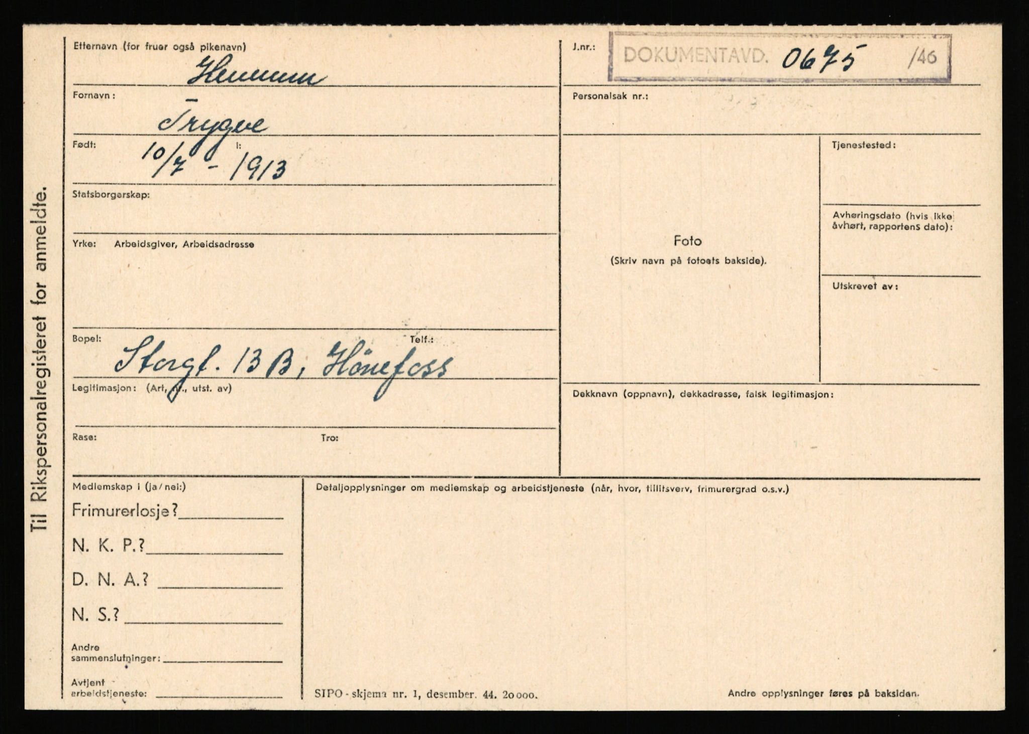 Statspolitiet - Hovedkontoret / Osloavdelingen, AV/RA-S-1329/C/Ca/L0006: Hanche - Hokstvedt, 1943-1945, s. 3603