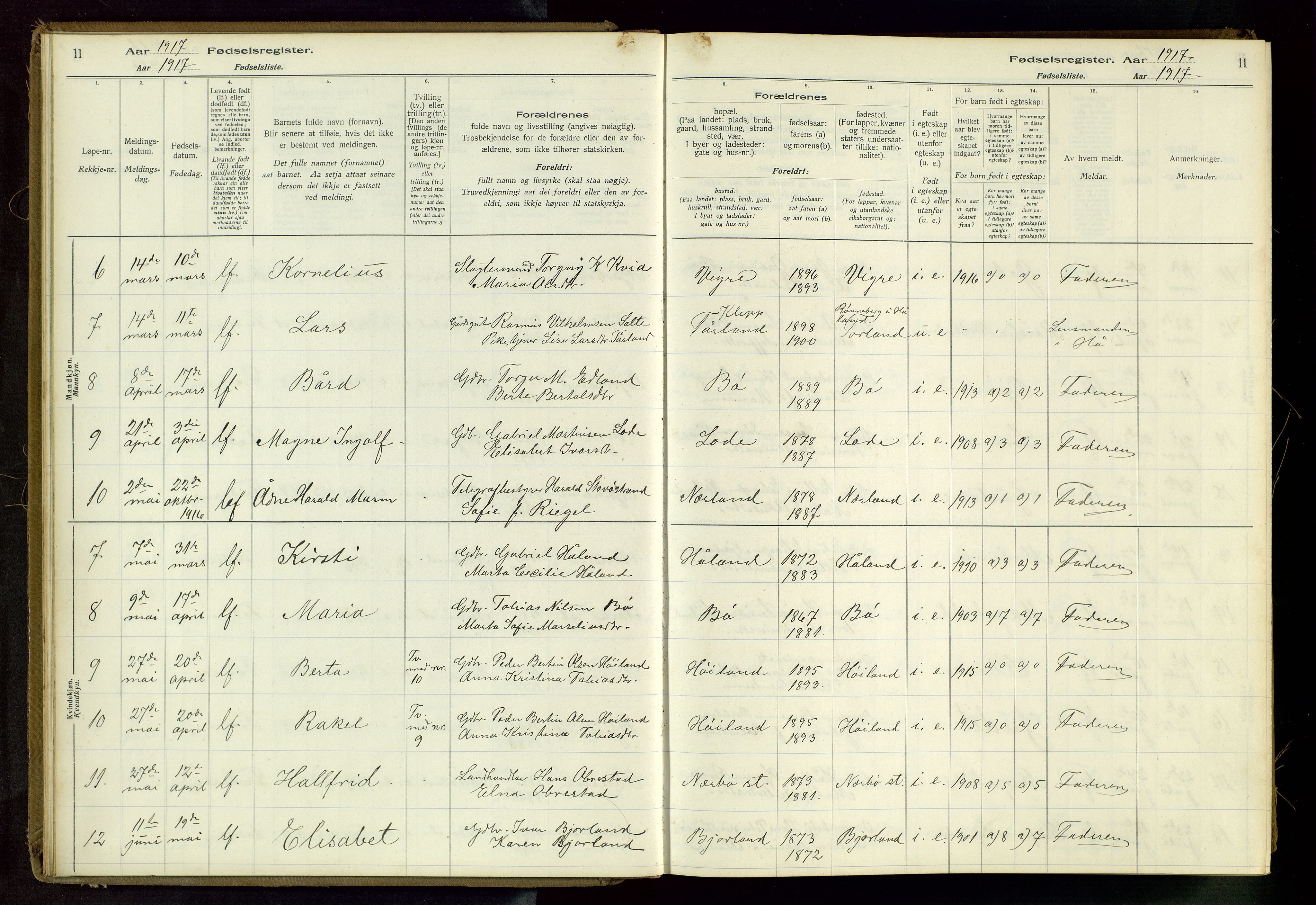 Hå sokneprestkontor, AV/SAST-A-101801/002/C/L0001: Fødselsregister nr. 1, 1916-1945, s. 11