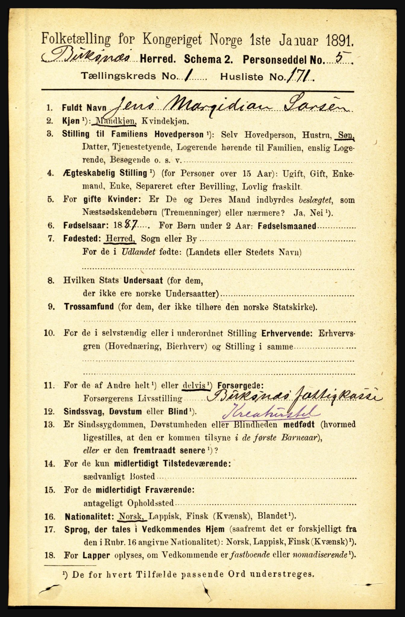 RA, Folketelling 1891 for 1860 Buksnes herred, 1891, s. 1335