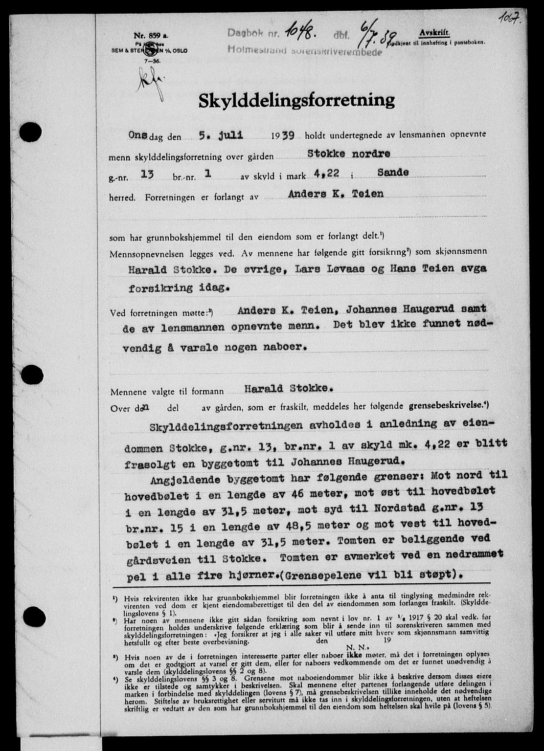 Holmestrand sorenskriveri, SAKO/A-67/G/Ga/Gaa/L0050: Pantebok nr. A-50, 1938-1939, Dagboknr: 1048/1939