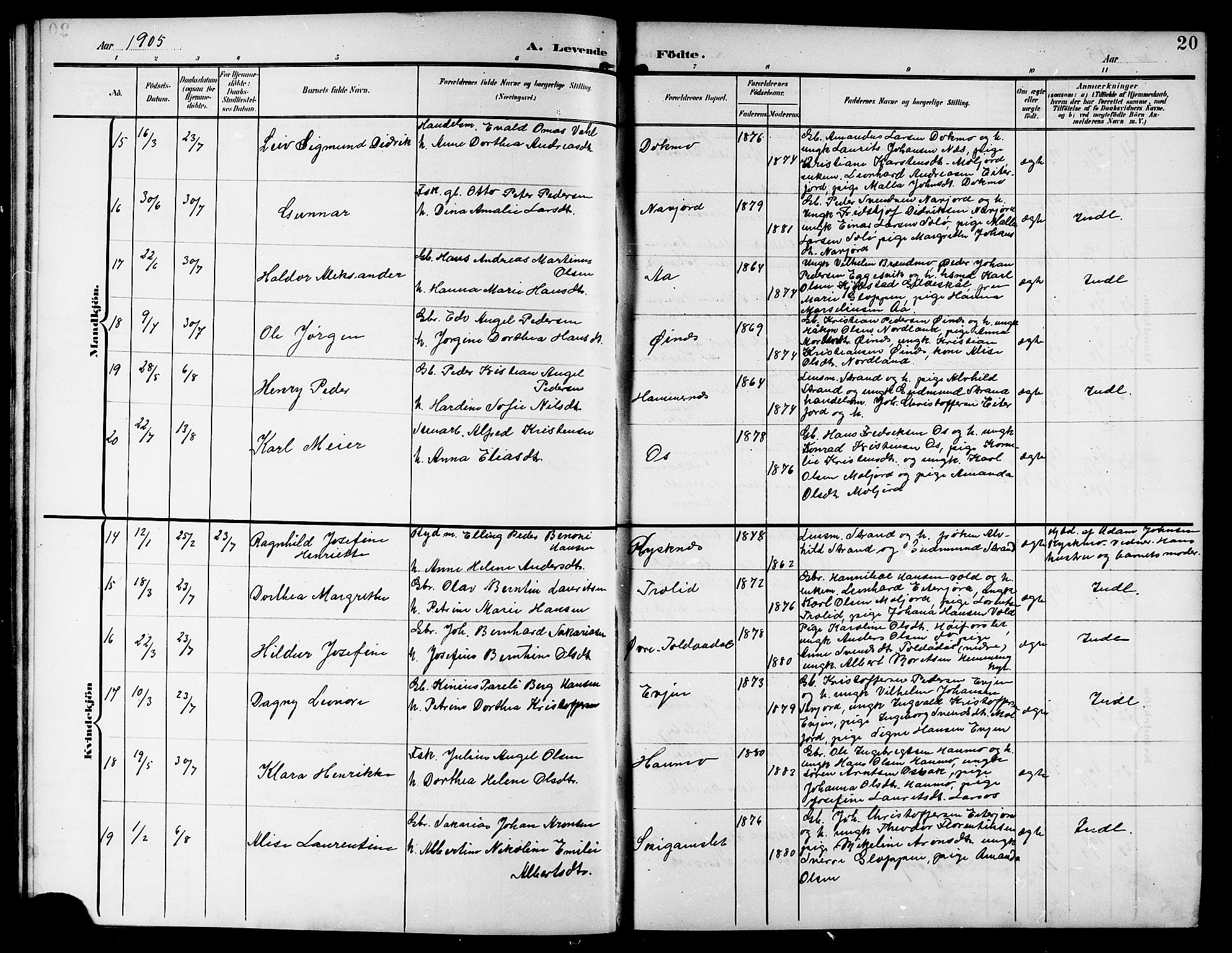 Ministerialprotokoller, klokkerbøker og fødselsregistre - Nordland, AV/SAT-A-1459/846/L0655: Klokkerbok nr. 846C05, 1902-1916, s. 20