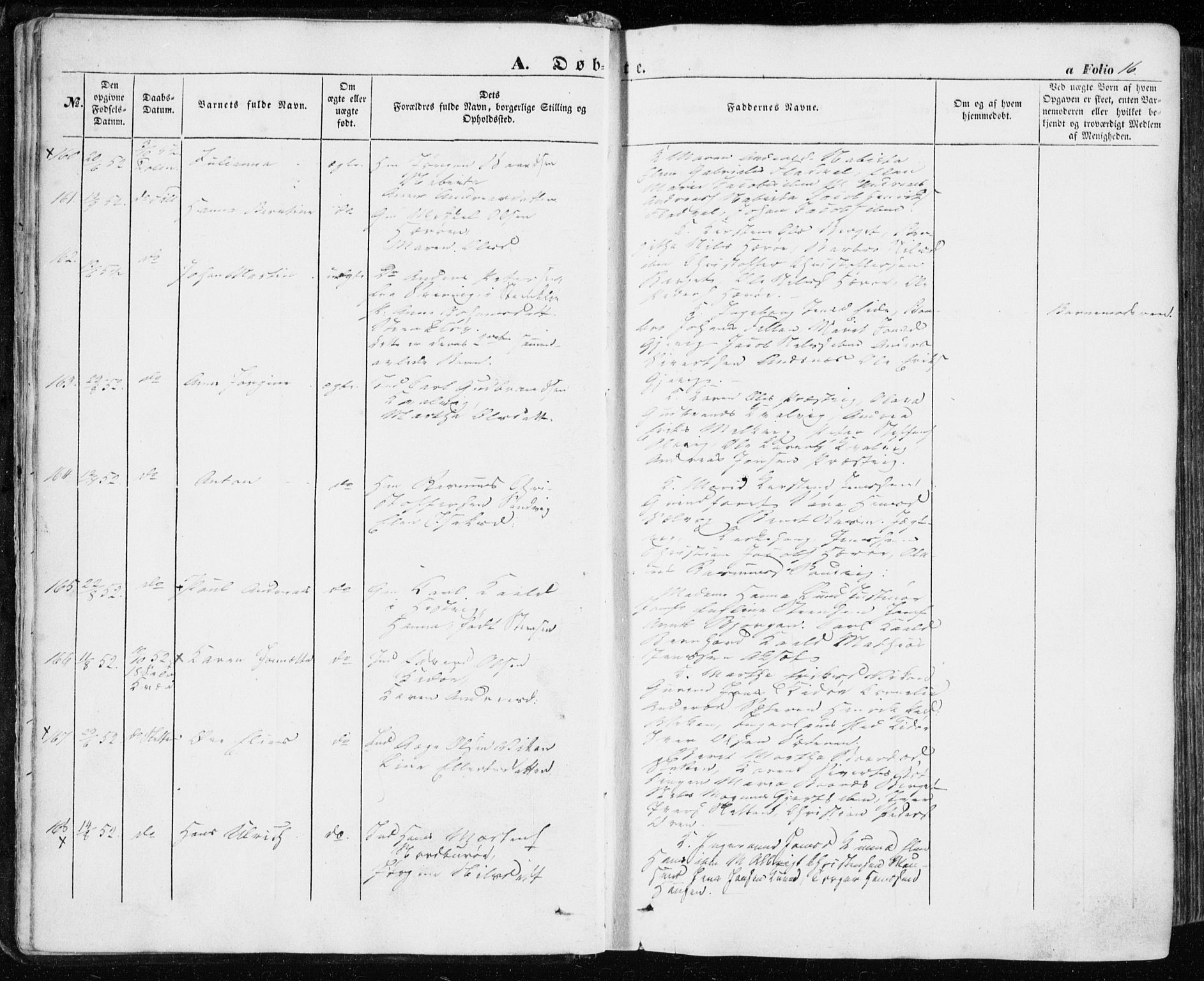 Ministerialprotokoller, klokkerbøker og fødselsregistre - Sør-Trøndelag, SAT/A-1456/634/L0530: Ministerialbok nr. 634A06, 1852-1860, s. 16