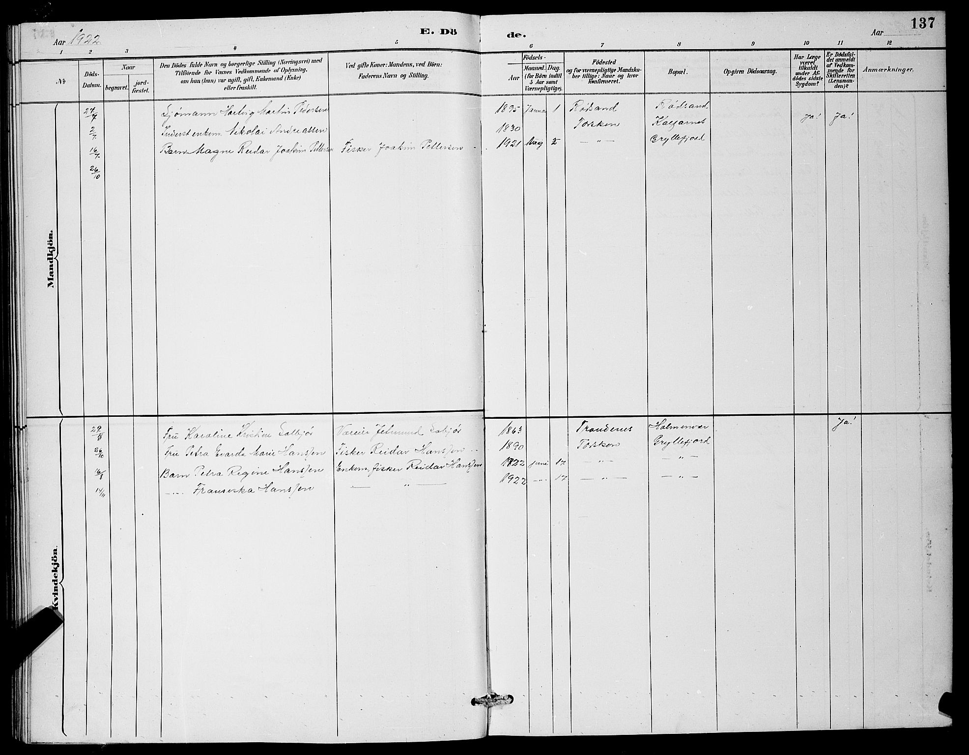 Berg sokneprestkontor, SATØ/S-1318/G/Ga/Gab/L0012klokker: Klokkerbok nr. 12, 1887-1902, s. 137