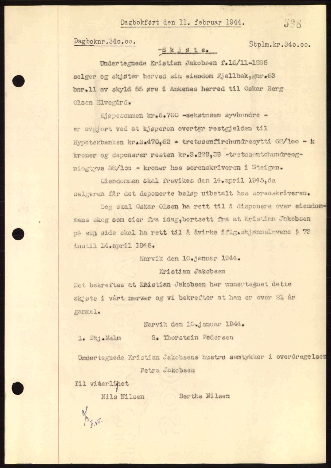 Steigen og Ofoten sorenskriveri, AV/SAT-A-0030/1/2/2C: Pantebok nr. A9-12, 1942-1946, Dagboknr: 174/1944
