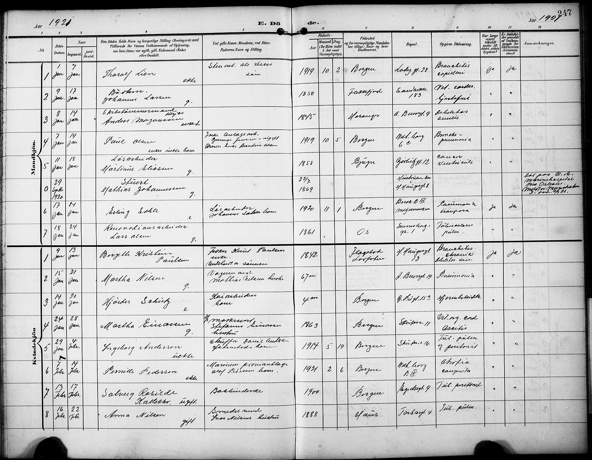 Sandviken Sokneprestembete, SAB/A-77601/H/Hb/L0017: Klokkerbok nr. E 1, 1903-1926, s. 247