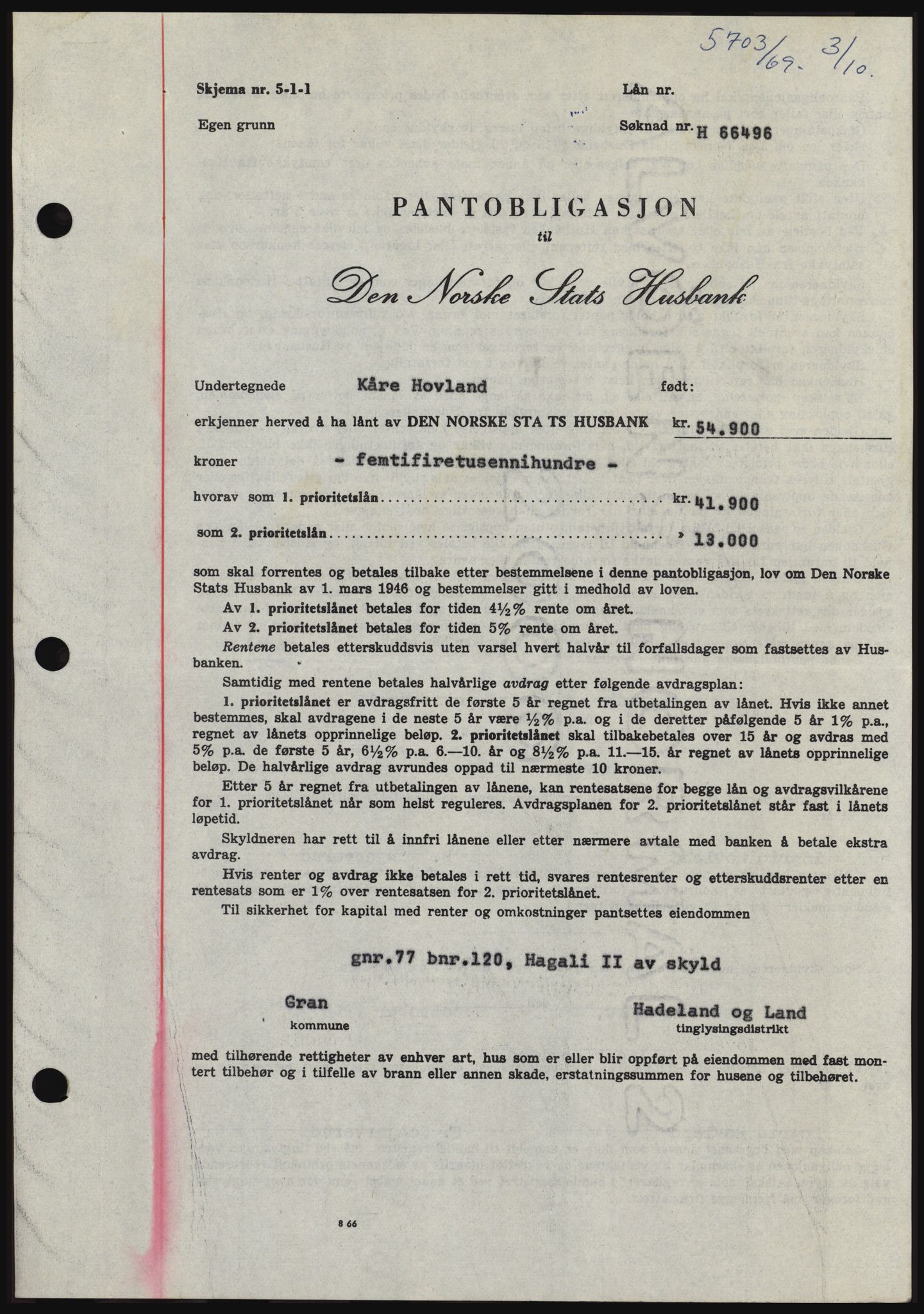 Hadeland og Land tingrett, SAH/TING-010/H/Hb/Hbc/L0075: Pantebok nr. B75, 1969-1969, Dagboknr: 5703/1969