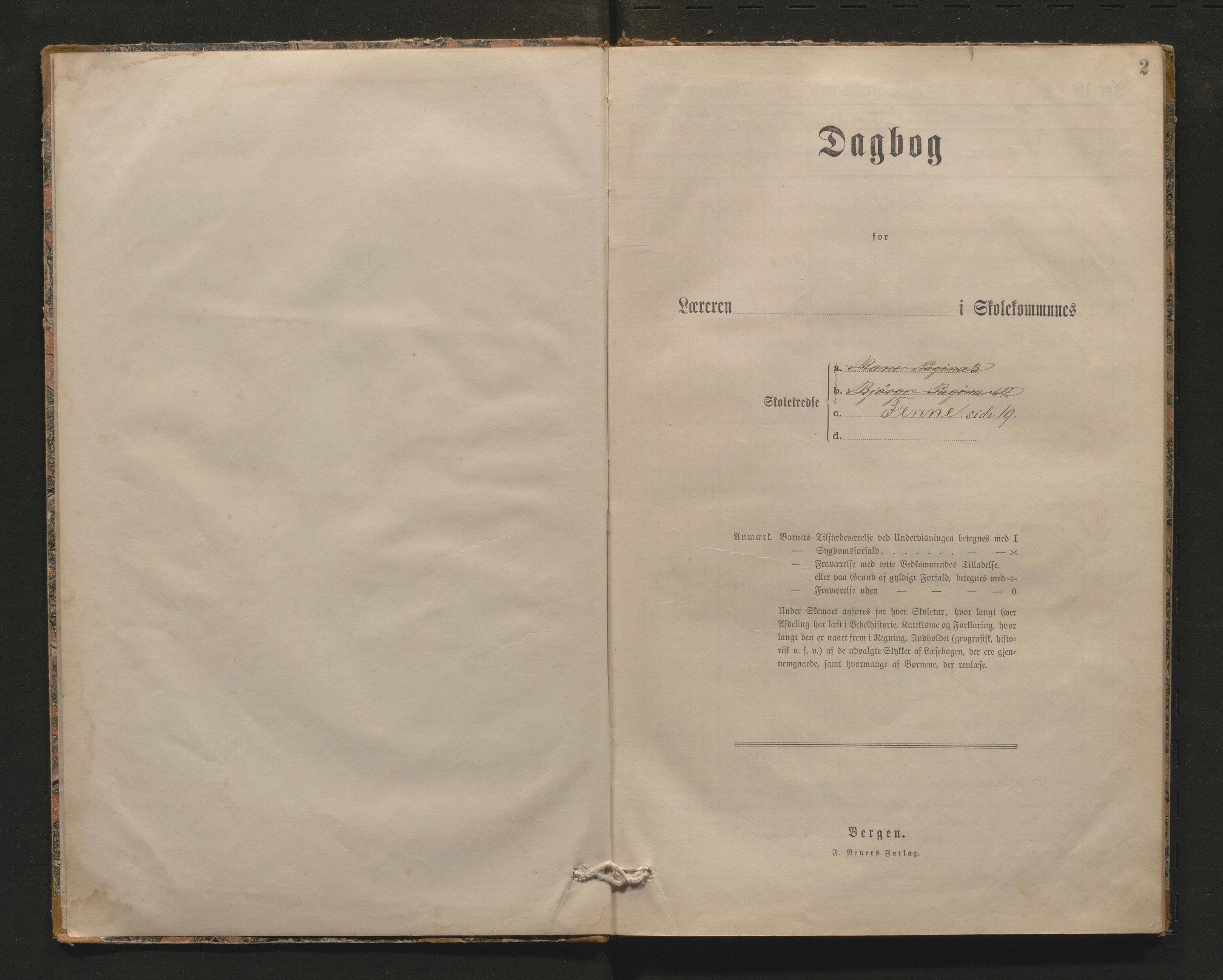 Voss kommune. Barneskulane, IKAH/1235-231/G/Gh/L0002: Dagbok for Rene, Fenne, Bjørgum, Palmafossen, Vike krinsar, 1889-1902