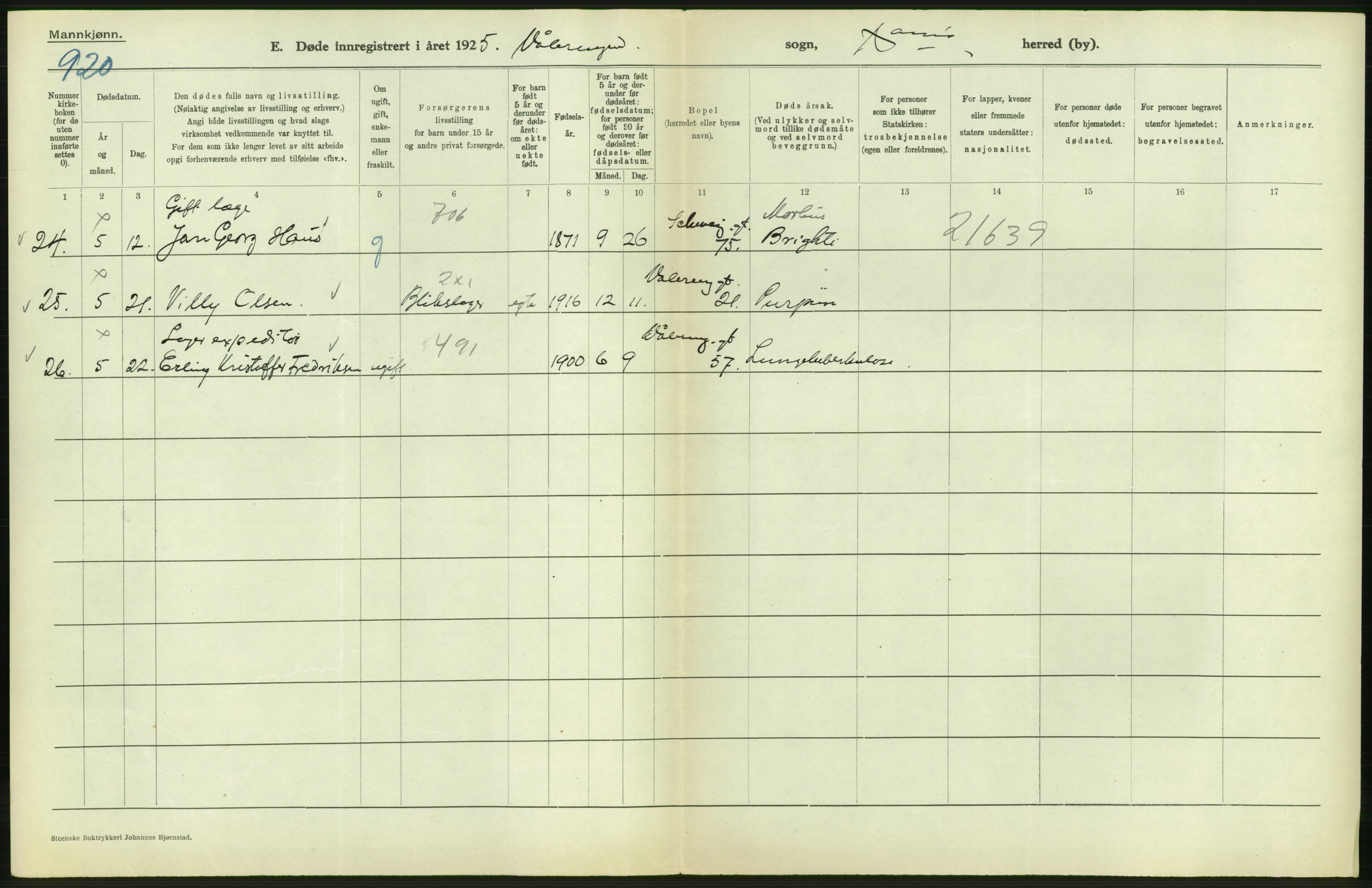 Statistisk sentralbyrå, Sosiodemografiske emner, Befolkning, AV/RA-S-2228/D/Df/Dfc/Dfce/L0009: Oslo: Døde menn, 1925, s. 586