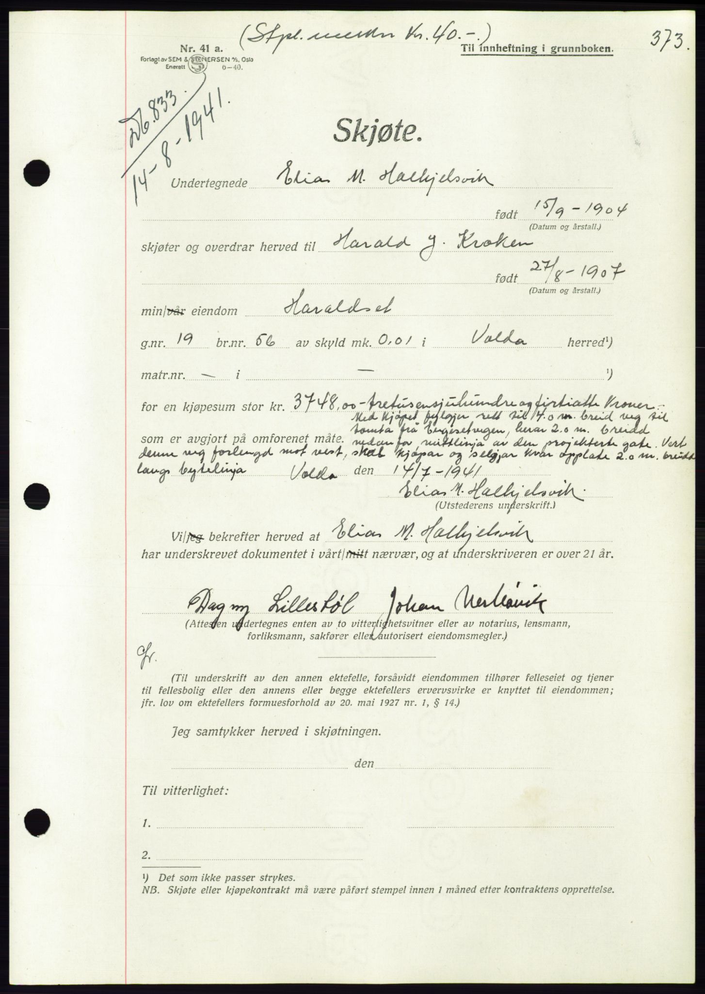 Søre Sunnmøre sorenskriveri, AV/SAT-A-4122/1/2/2C/L0071: Pantebok nr. 65, 1941-1941, Dagboknr: 833/1941