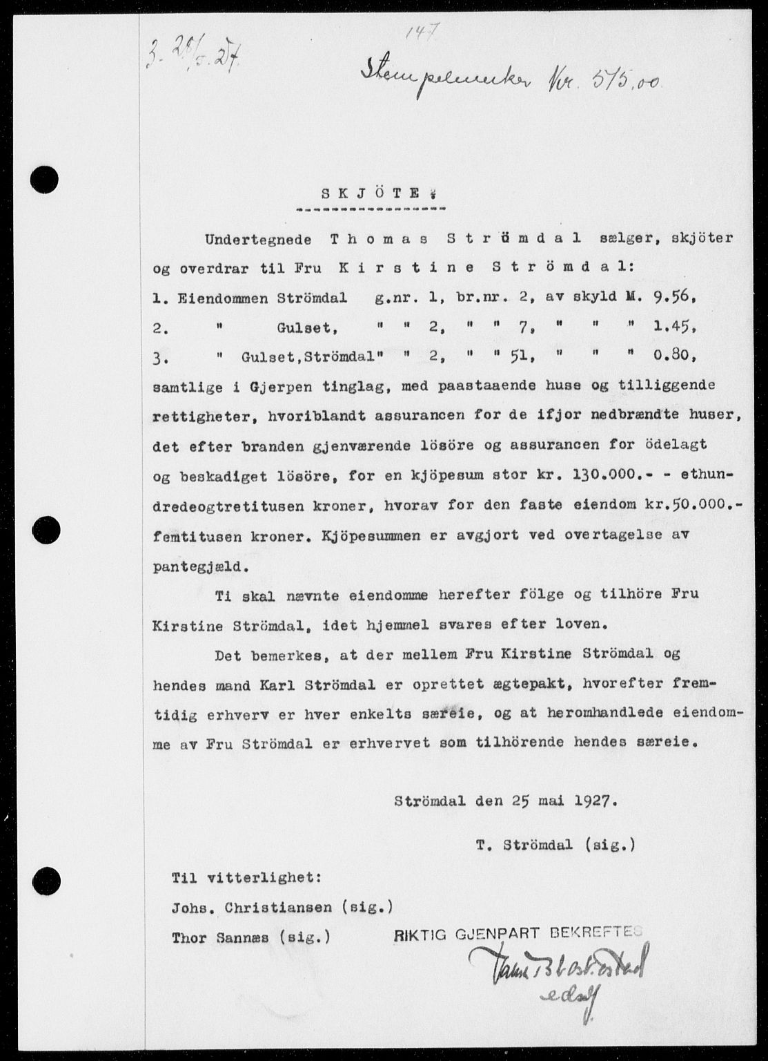 Gjerpen sorenskriveri, SAKO/A-216/G/Ga/Gaa/L0048: Pantebok nr. I 48 og 50-51, 1926-1928, Tingl.dato: 28.05.1927