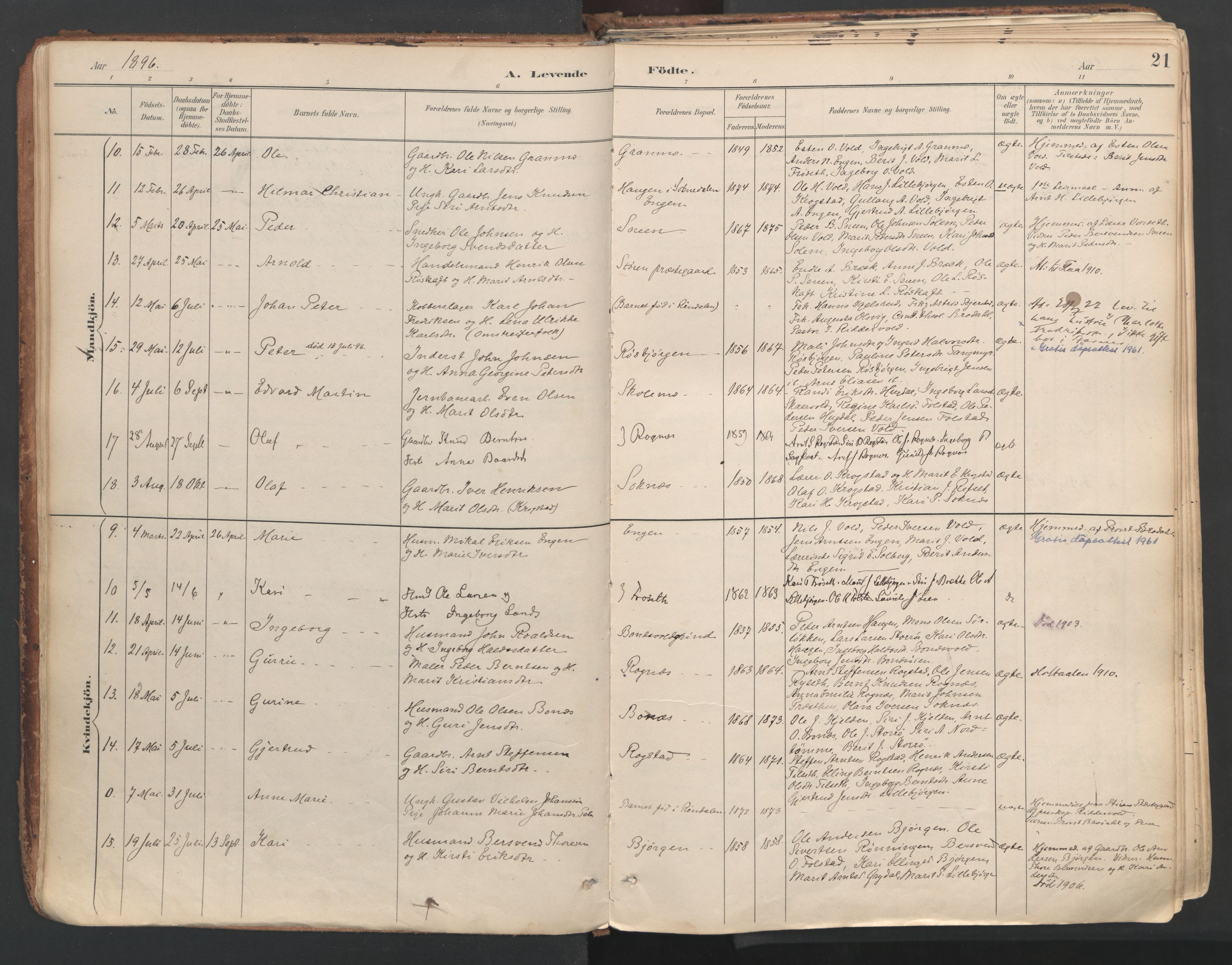 Ministerialprotokoller, klokkerbøker og fødselsregistre - Sør-Trøndelag, AV/SAT-A-1456/687/L1004: Ministerialbok nr. 687A10, 1891-1923, s. 21