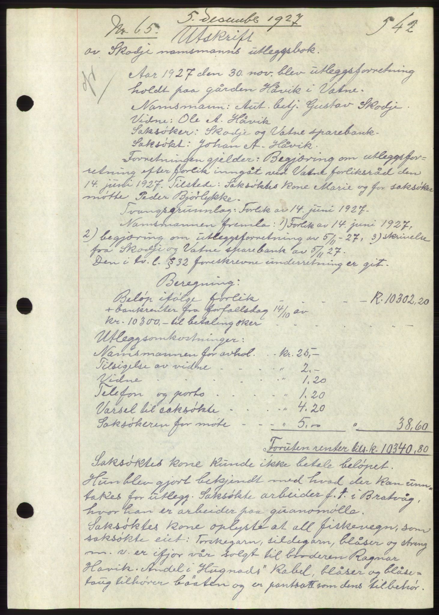 Nordre Sunnmøre sorenskriveri, AV/SAT-A-0006/1/2/2C/2Ca/L0037: Pantebok nr. 40, 1927-1927, Tingl.dato: 05.12.1927