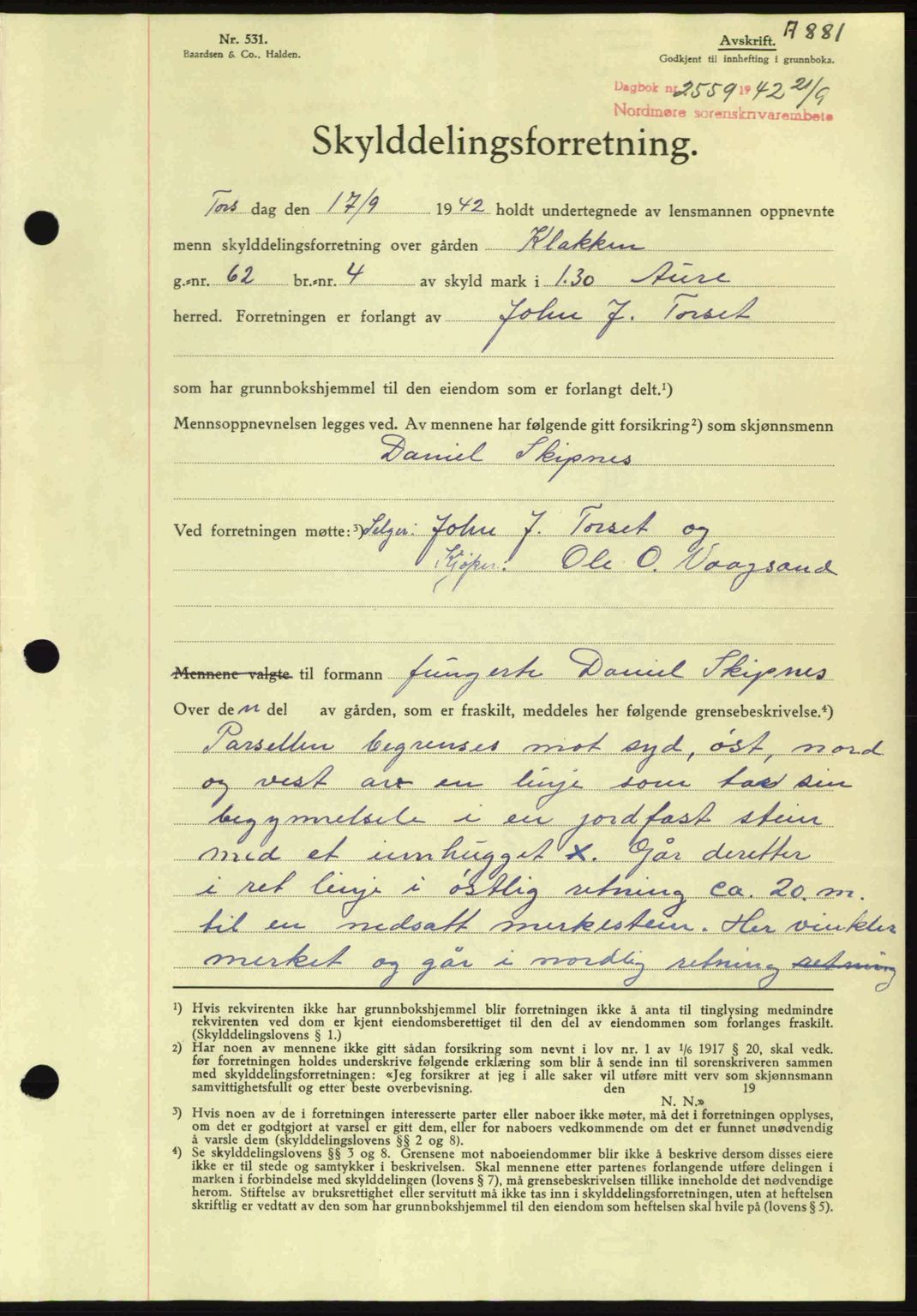 Nordmøre sorenskriveri, SAT/A-4132/1/2/2Ca: Pantebok nr. A93, 1942-1942, Dagboknr: 2559/1942