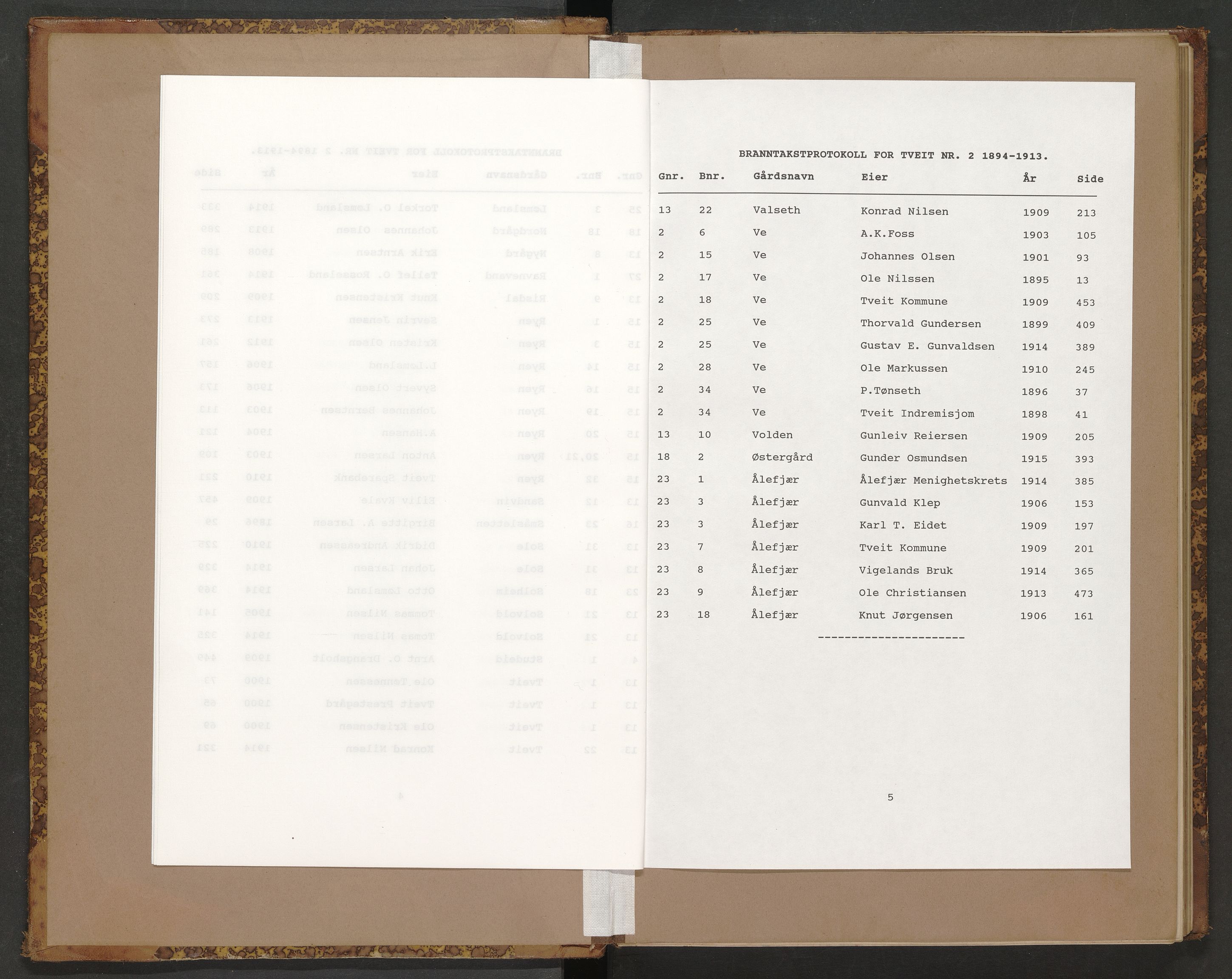Norges Brannkasse Tveit, AV/SAK-2241-0051/F/Fa/L0002: Branntakstprotokoll nr. 2 med gårdsnavnregister, 1894-1913