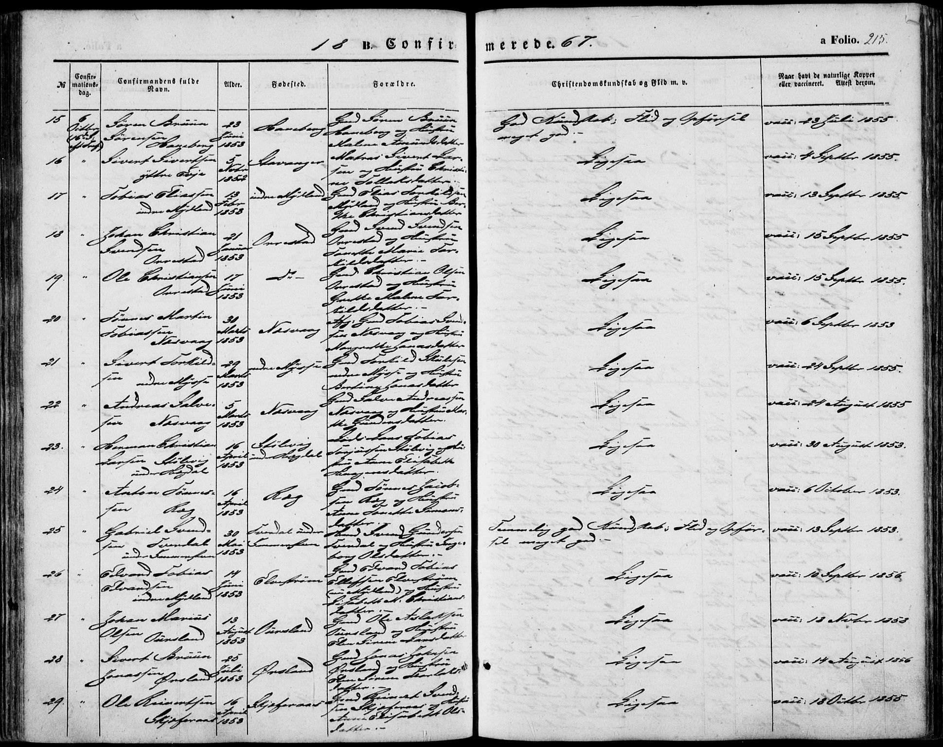 Sokndal sokneprestkontor, AV/SAST-A-101808: Ministerialbok nr. A 9, 1857-1874, s. 215