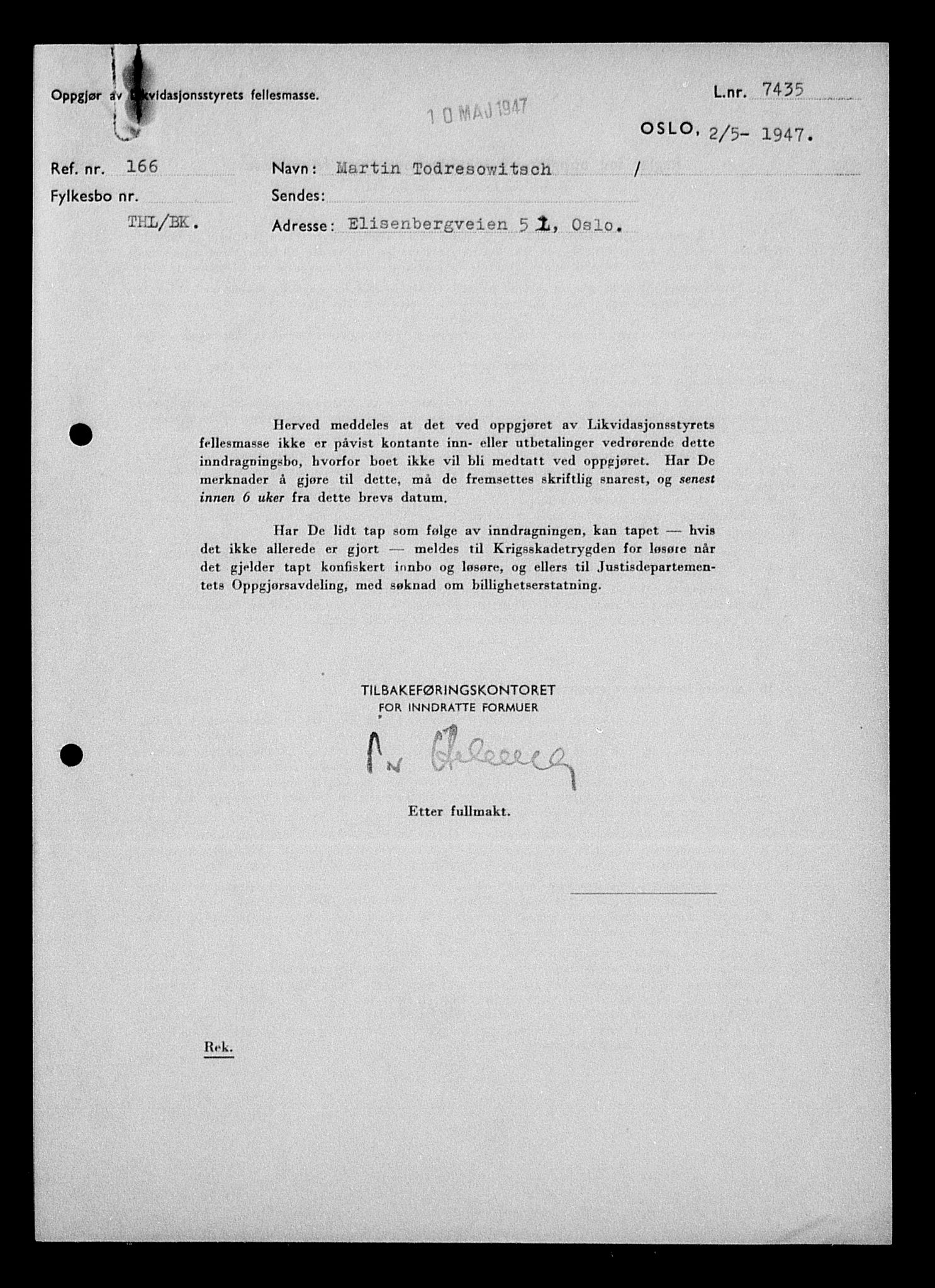 Justisdepartementet, Tilbakeføringskontoret for inndratte formuer, AV/RA-S-1564/H/Hc/Hcc/L0984: --, 1945-1947, s. 4