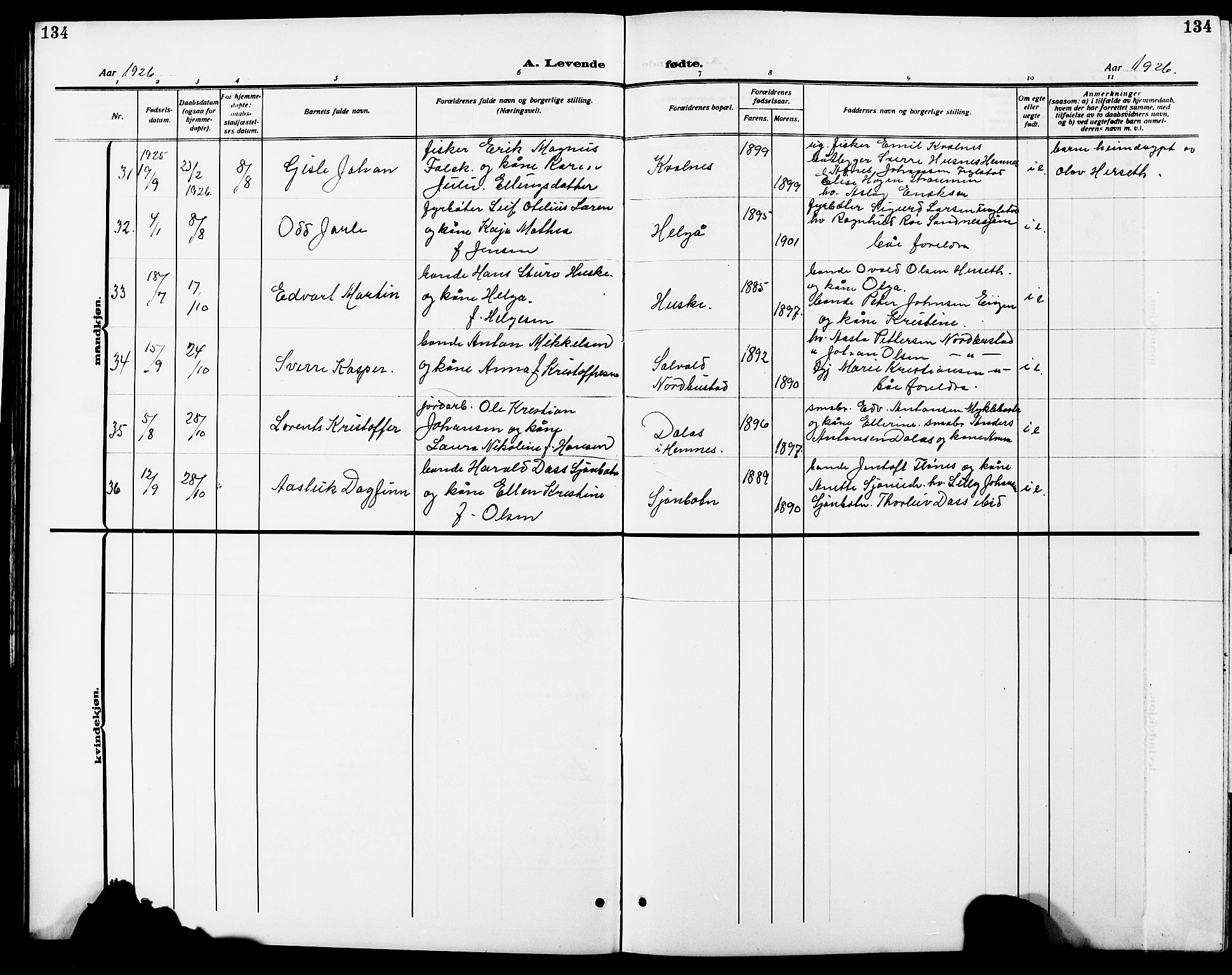 Ministerialprotokoller, klokkerbøker og fødselsregistre - Nordland, AV/SAT-A-1459/838/L0560: Klokkerbok nr. 838C07, 1910-1928, s. 134