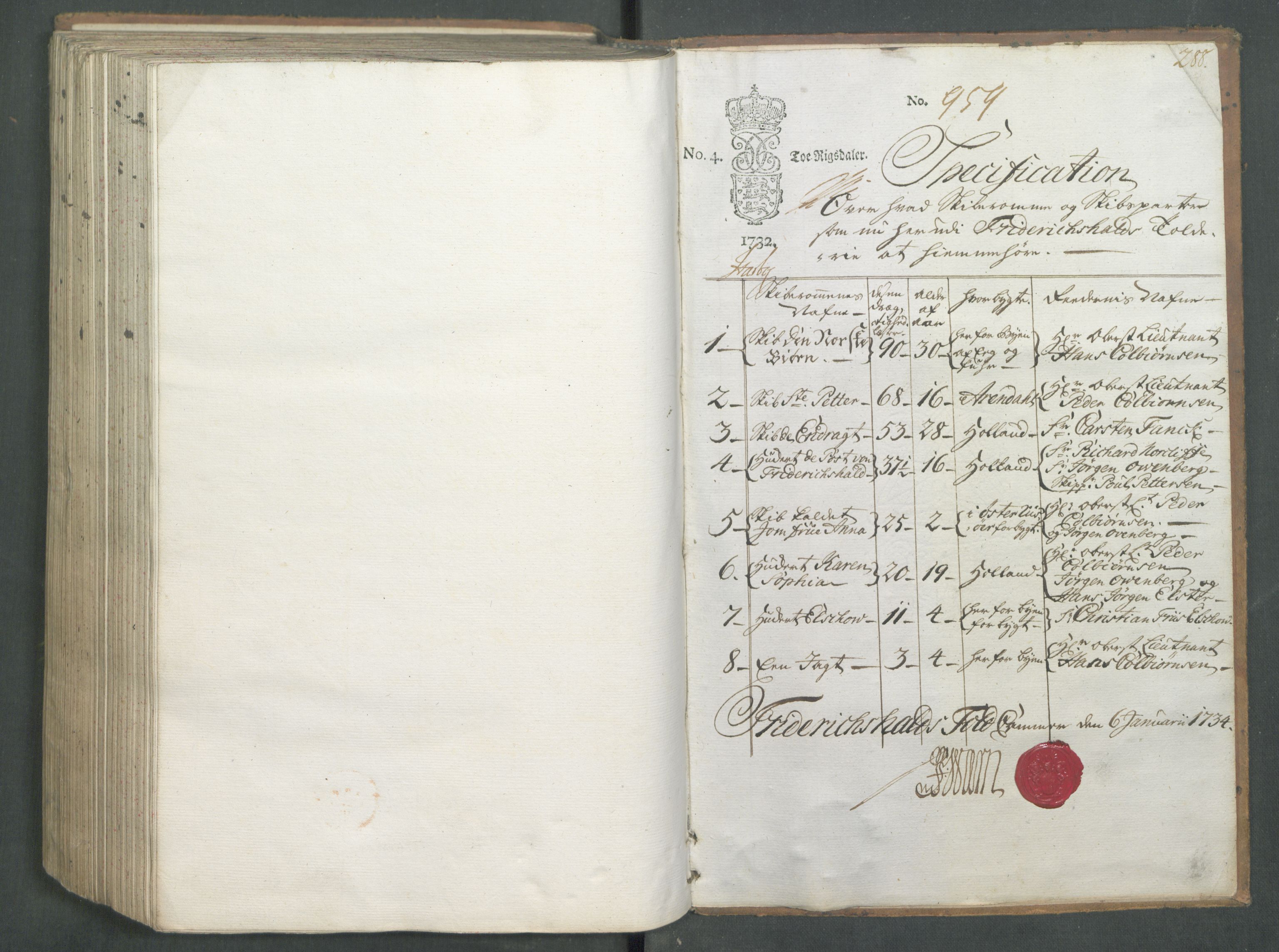 Generaltollkammeret, tollregnskaper, AV/RA-EA-5490/R01/L0008/0001: Tollregnskaper Fredrikshald / Hovedtollbok, 1733, s. 287b-288a