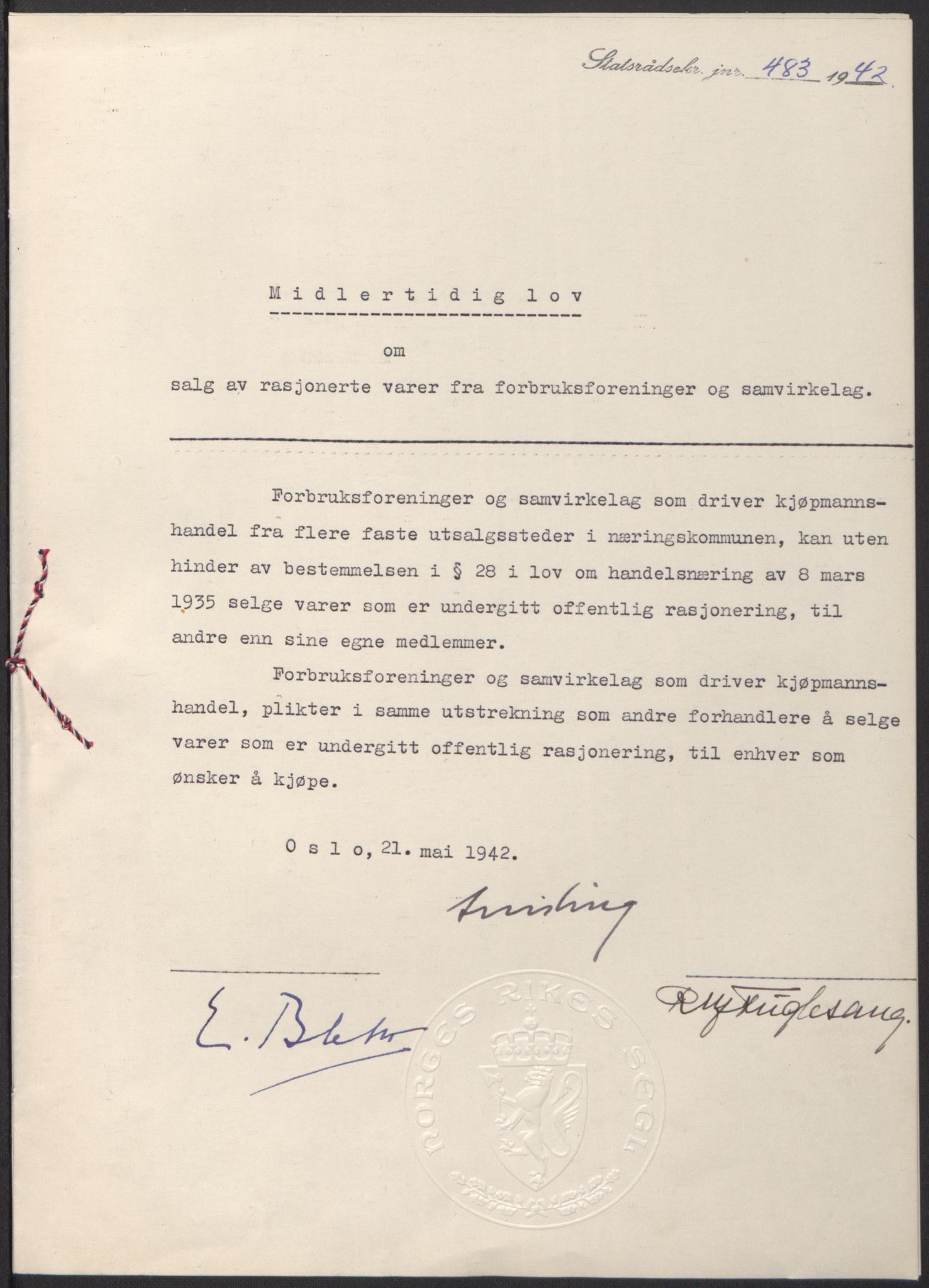 NS-administrasjonen 1940-1945 (Statsrådsekretariatet, de kommisariske statsråder mm), RA/S-4279/D/Db/L0097: Lover I, 1942, s. 349