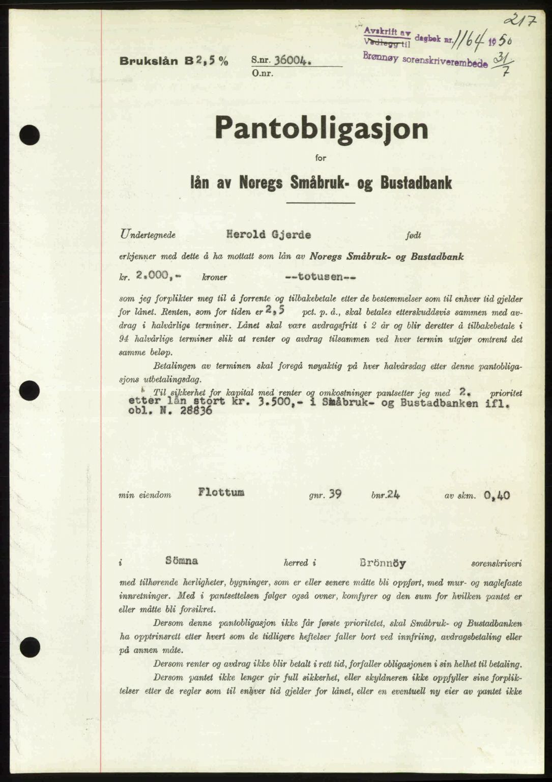 Brønnøy sorenskriveri, SAT/A-4170/1/2/2C: Pantebok nr. 36, 1950-1950, Dagboknr: 1164/1950