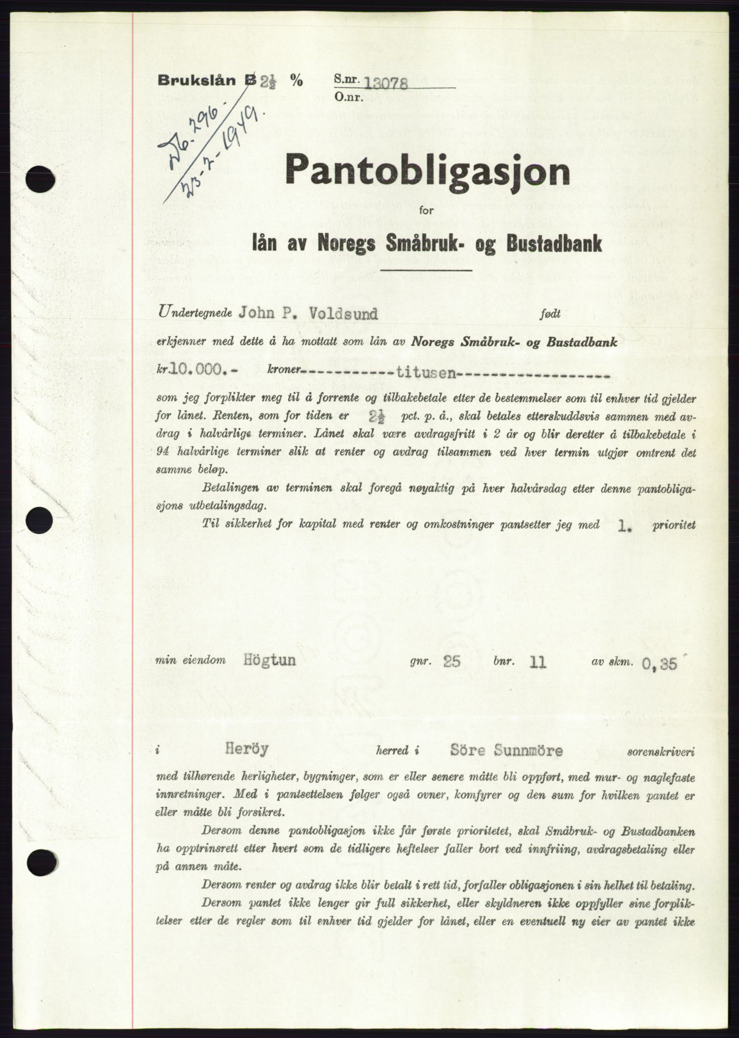 Søre Sunnmøre sorenskriveri, AV/SAT-A-4122/1/2/2C/L0116: Pantebok nr. 4B, 1948-1949, Dagboknr: 296/1949