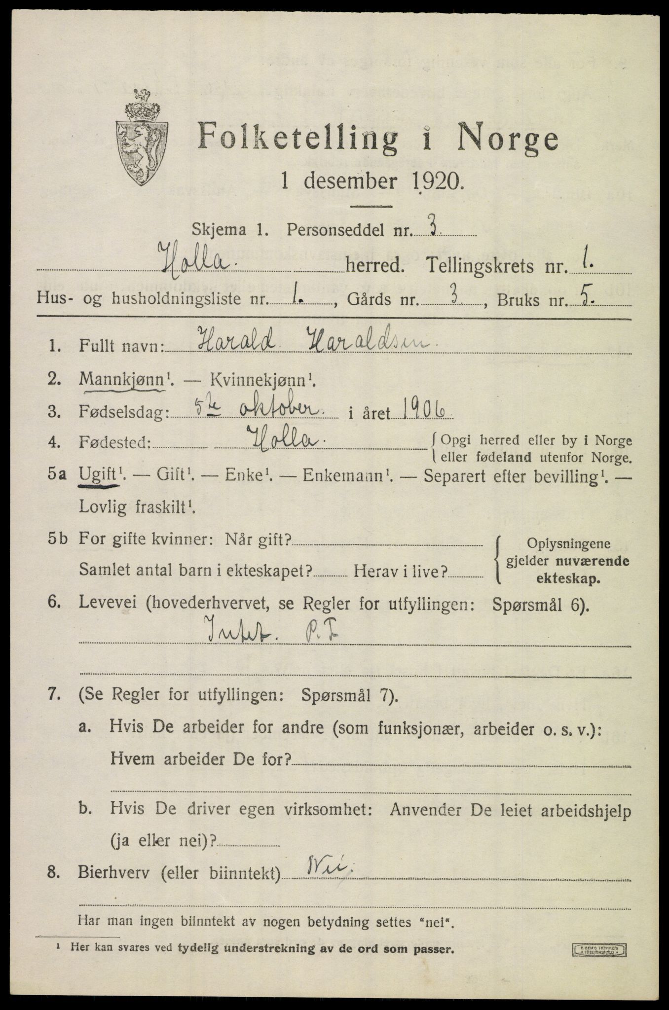 SAKO, Folketelling 1920 for 0819 Holla herred, 1920, s. 1399