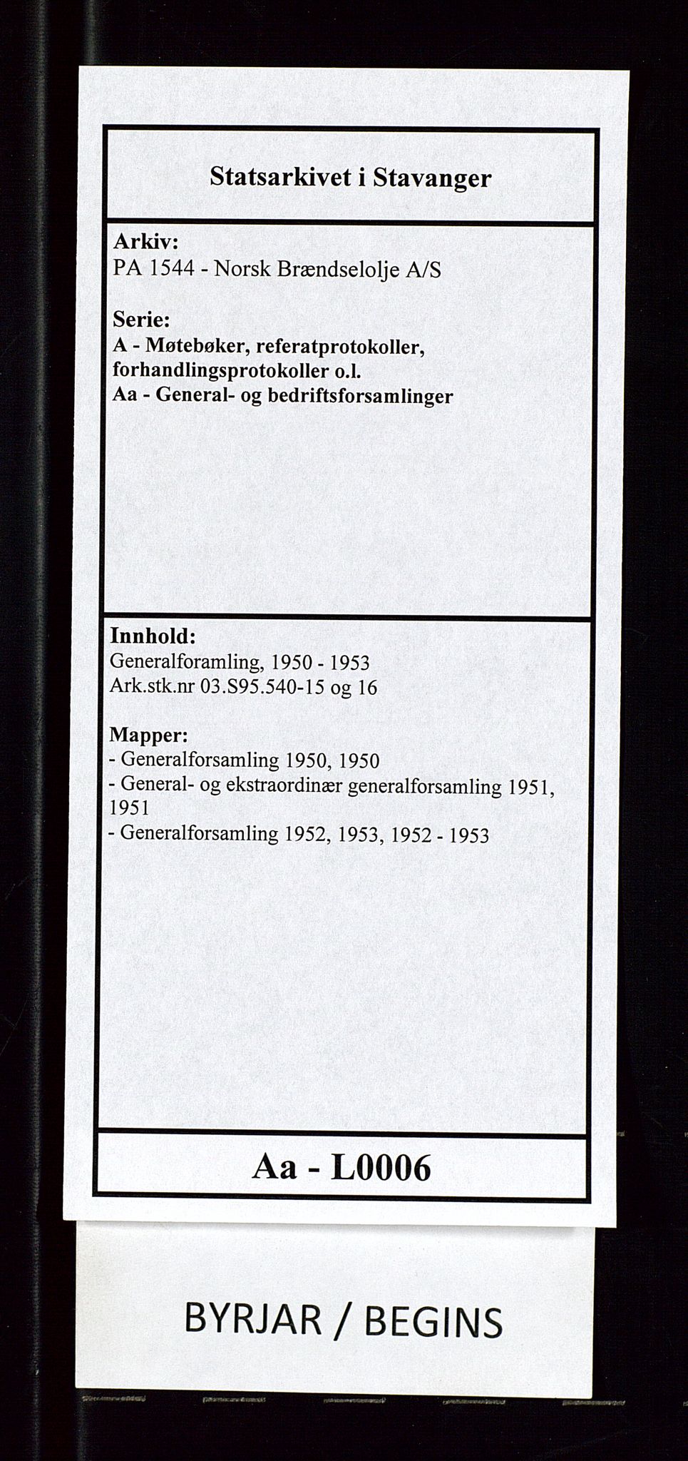 PA 1544 - Norsk Brændselolje A/S, AV/SAST-A-101965/1/A/Aa/L0006/0001: Generalforamling / Generalforsamling 1950, 1950, s. 1