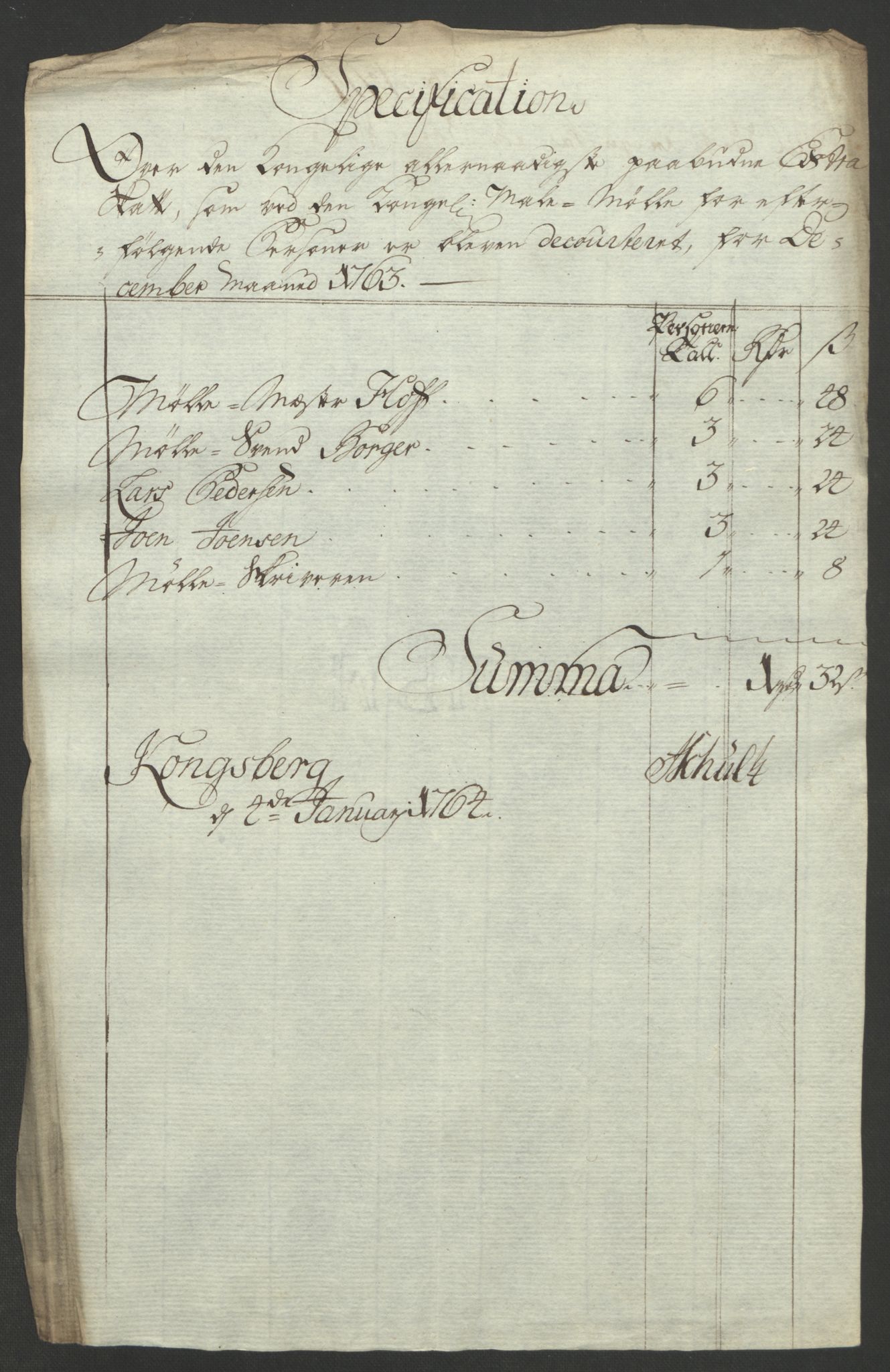 Rentekammeret inntil 1814, Reviderte regnskaper, Bergverksregnskaper, RA/EA-3222/R/Rc/Rca/L0843: Ekstraskatt, 1762-1765, s. 598