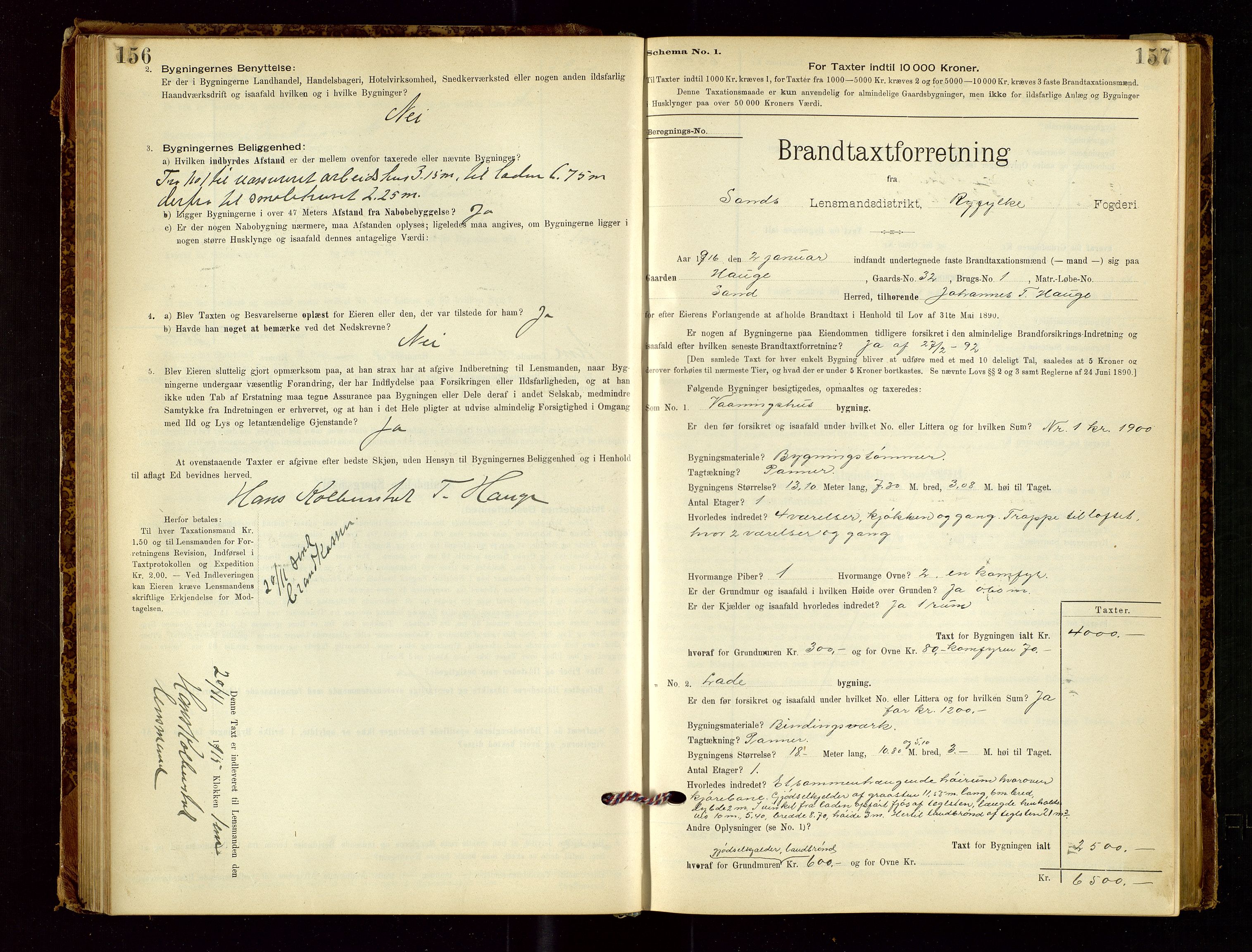 Sand lensmannskontor, SAST/A-100415/Goc/L0001: "Brandtaxationsprotokol", 1895-1935, s. 156-157