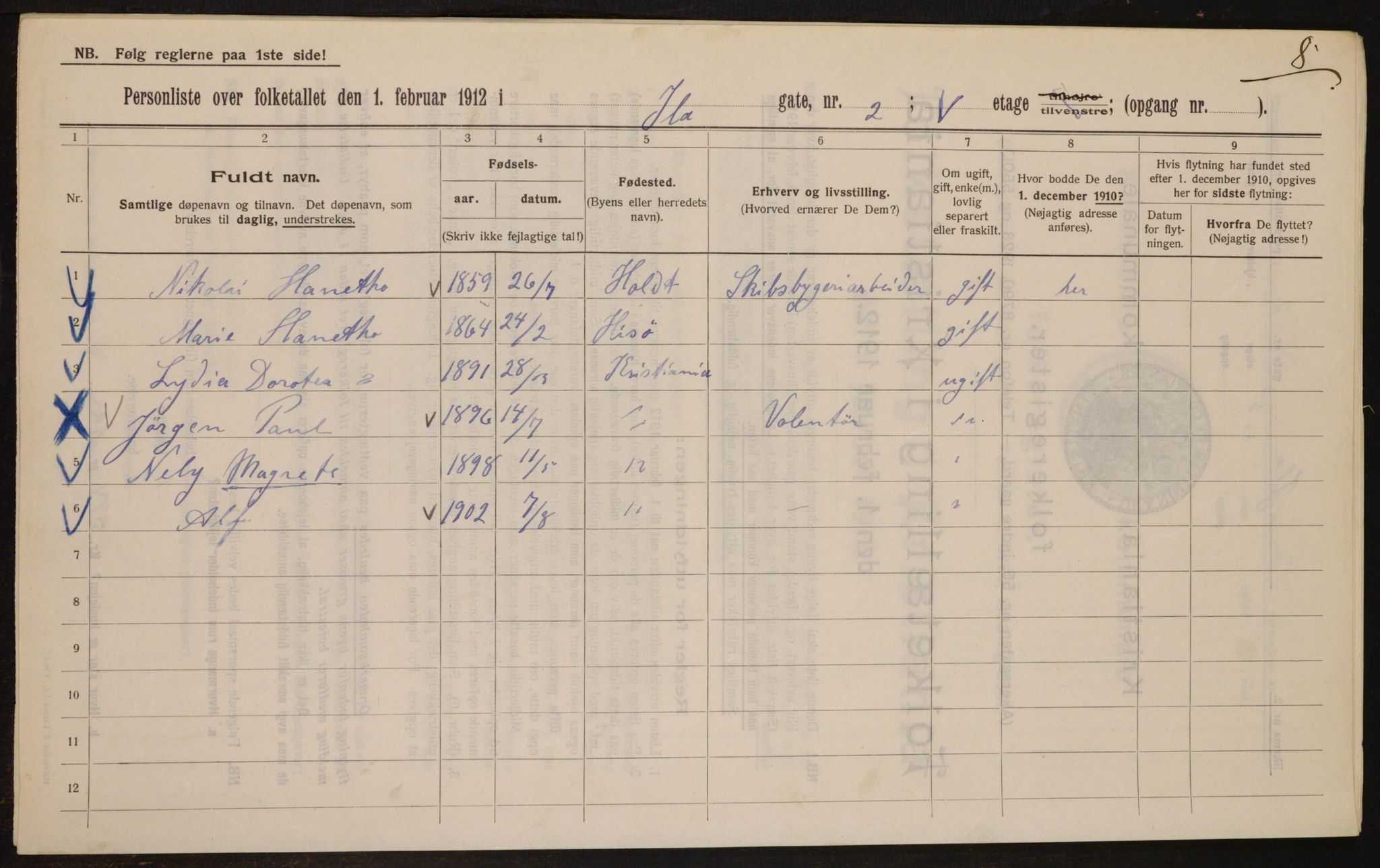 OBA, Kommunal folketelling 1.2.1912 for Kristiania, 1912, s. 43536