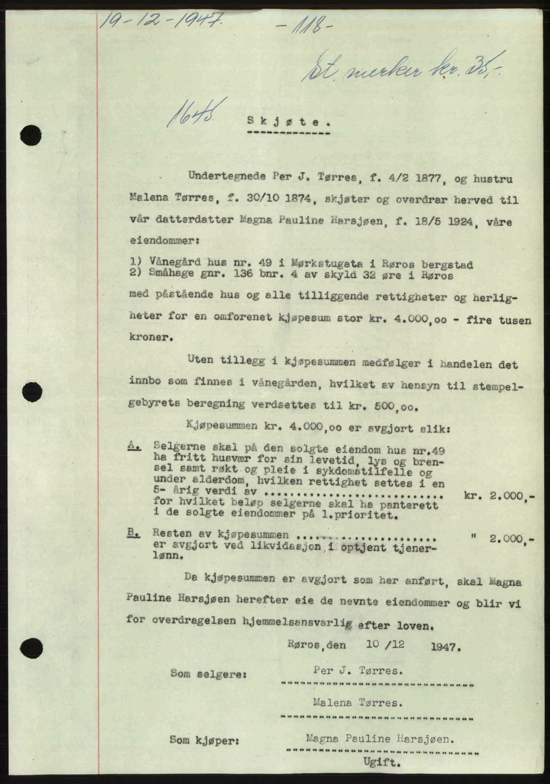 Gauldal sorenskriveri, SAT/A-0014/1/2/2C: Pantebok nr. A5, 1947-1948, Dagboknr: 1645/1947