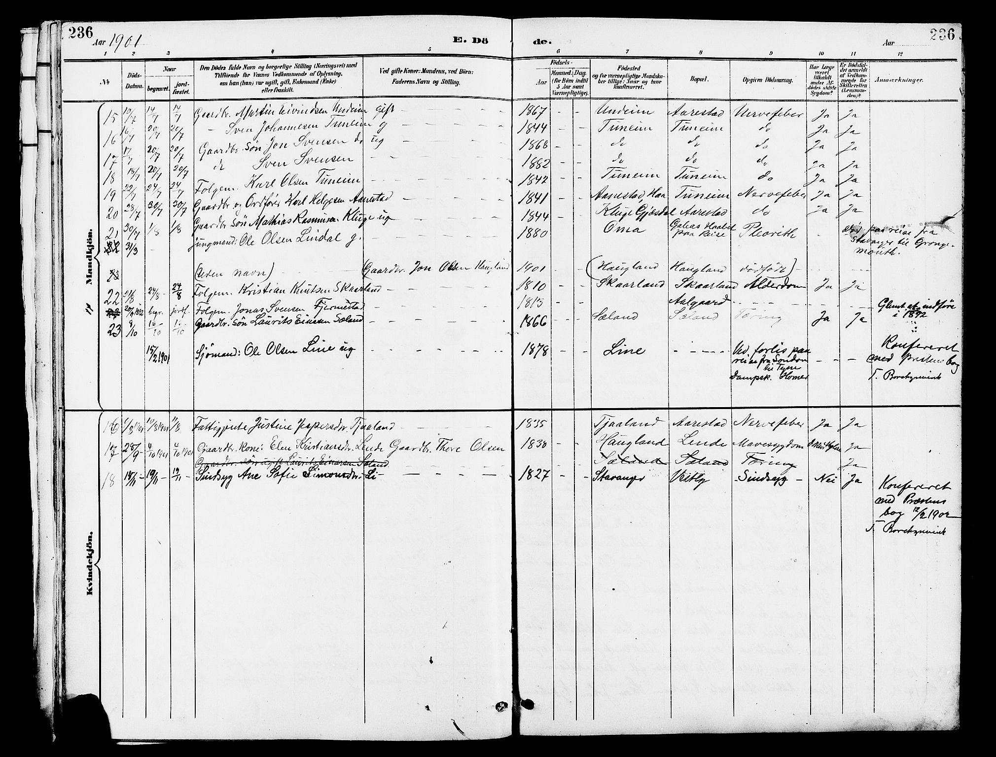 Lye sokneprestkontor, AV/SAST-A-101794/001/30BB/L0007: Klokkerbok nr. B 8, 1889-1909, s. 236