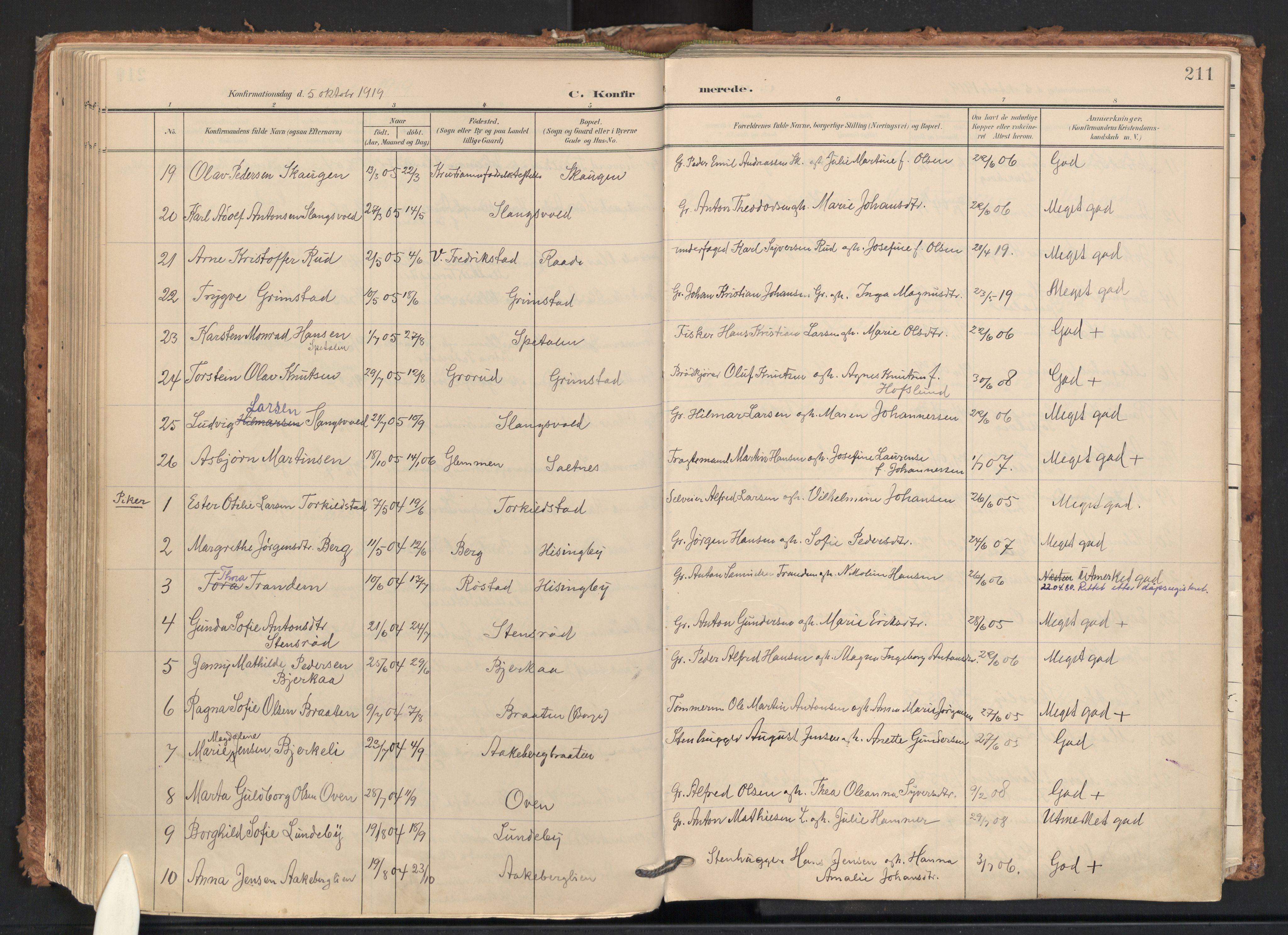 Råde prestekontor kirkebøker, AV/SAO-A-2009/F/Fa/L0008: Ministerialbok nr. 8, 1903-1924, s. 211