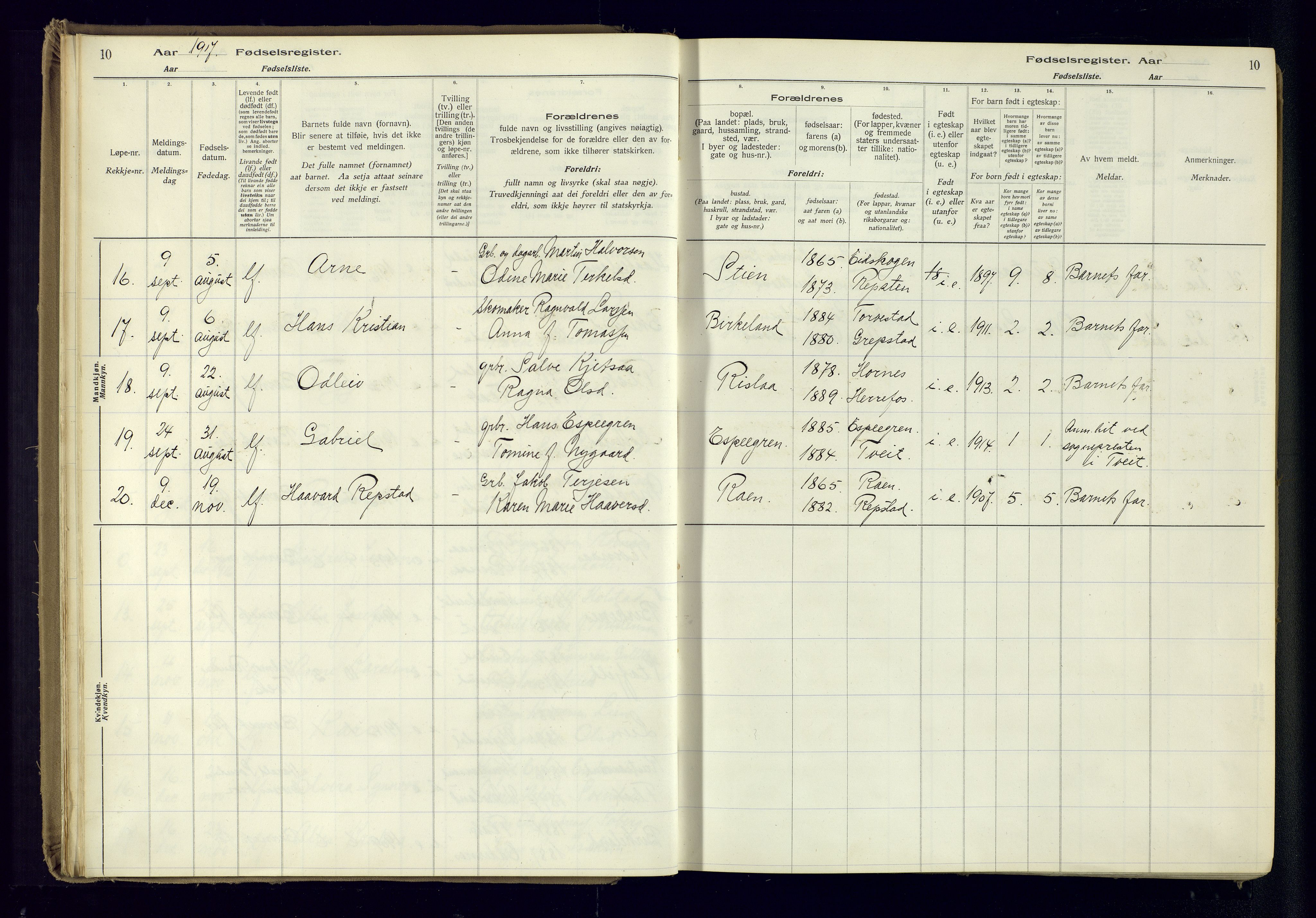 Birkenes sokneprestkontor, SAK/1111-0004/J/Ja/L0001: Fødselsregister nr. II.6.4, 1916-1962, s. 10