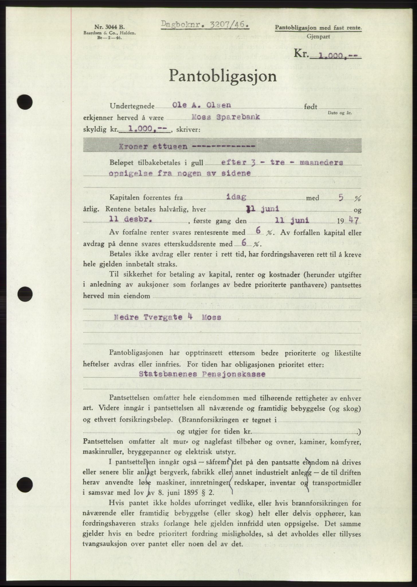 Moss sorenskriveri, SAO/A-10168: Pantebok nr. B16, 1946-1947, Dagboknr: 3207/1946